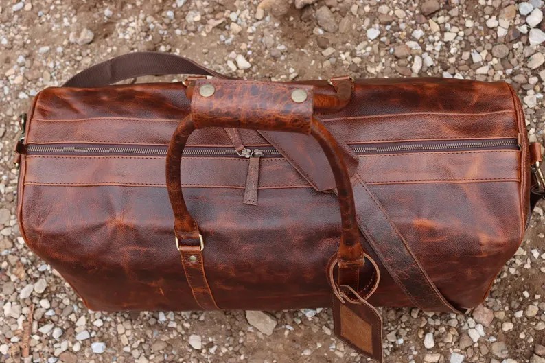 Buffalo Leather Duffle Bag| Genuine leather weekender bag brown| Leather holdall