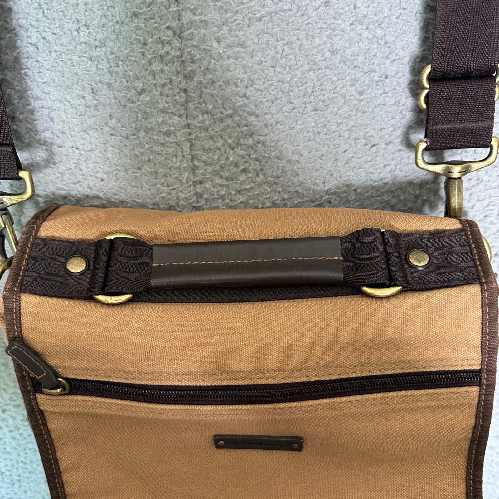 Eddie Bauer Tan Canvas Messenger Bag Brown Crossbody Satchel Brass Hardware