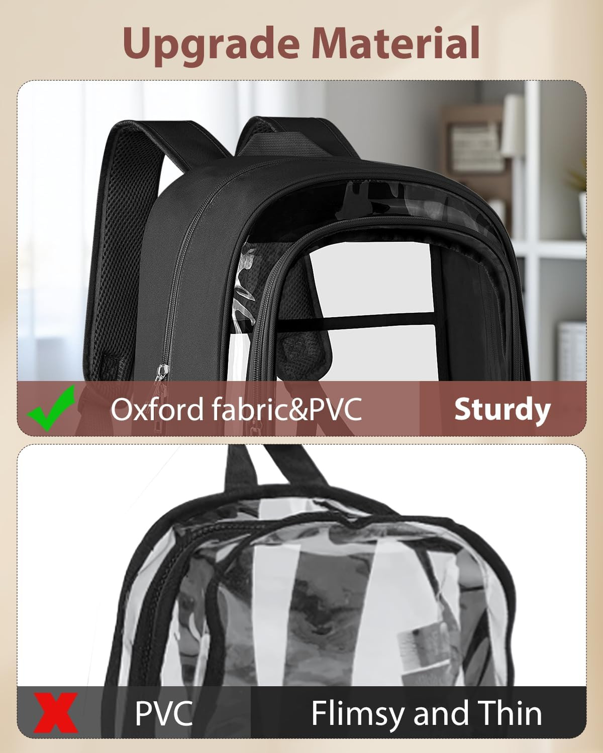 Clear Backpack, Heavy Duty Transparent Bookbag for School, Fabric & PVC Transpar
