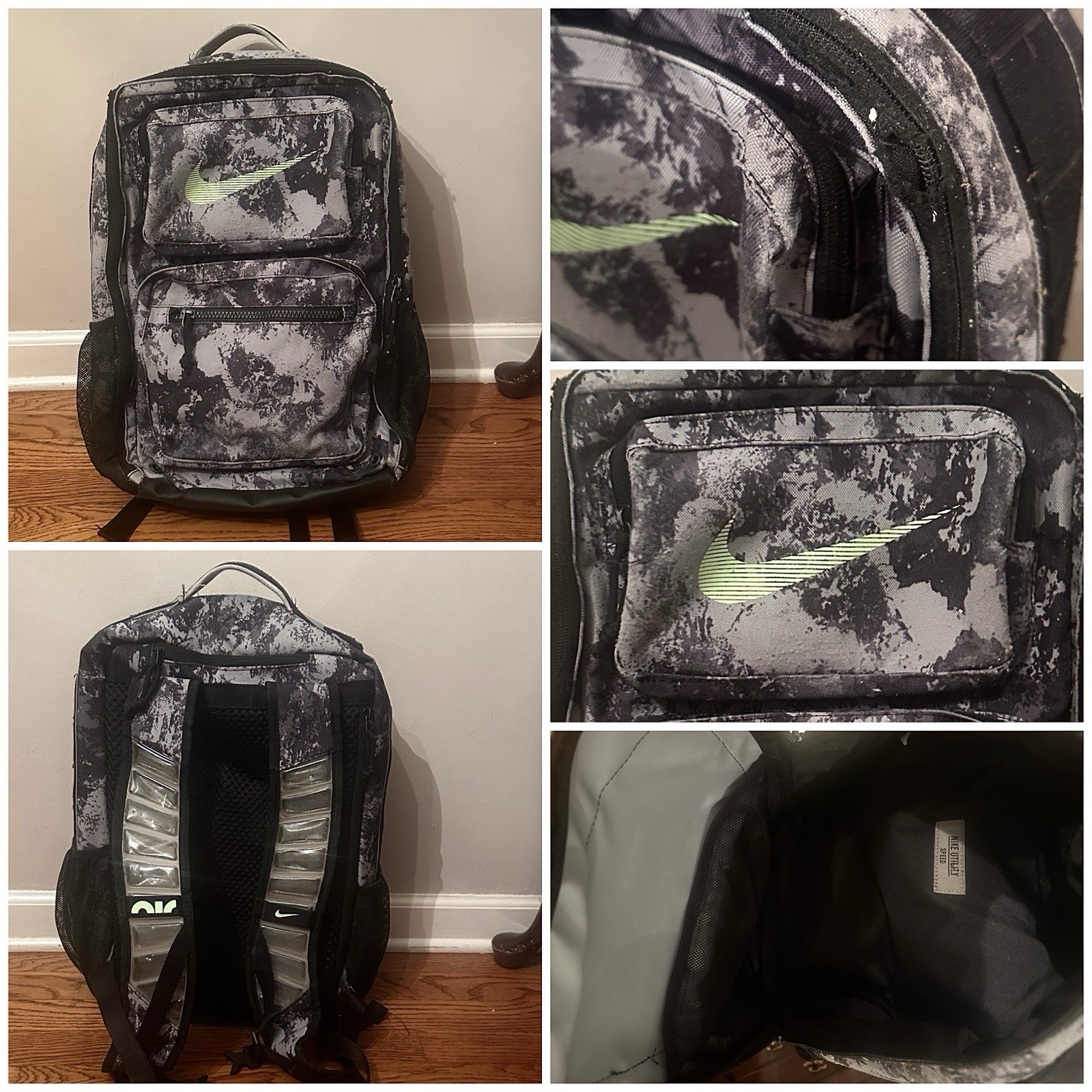 Nike Elite Neon Print Team Issued Green Black Gray Elite Backpack Rare! Camo