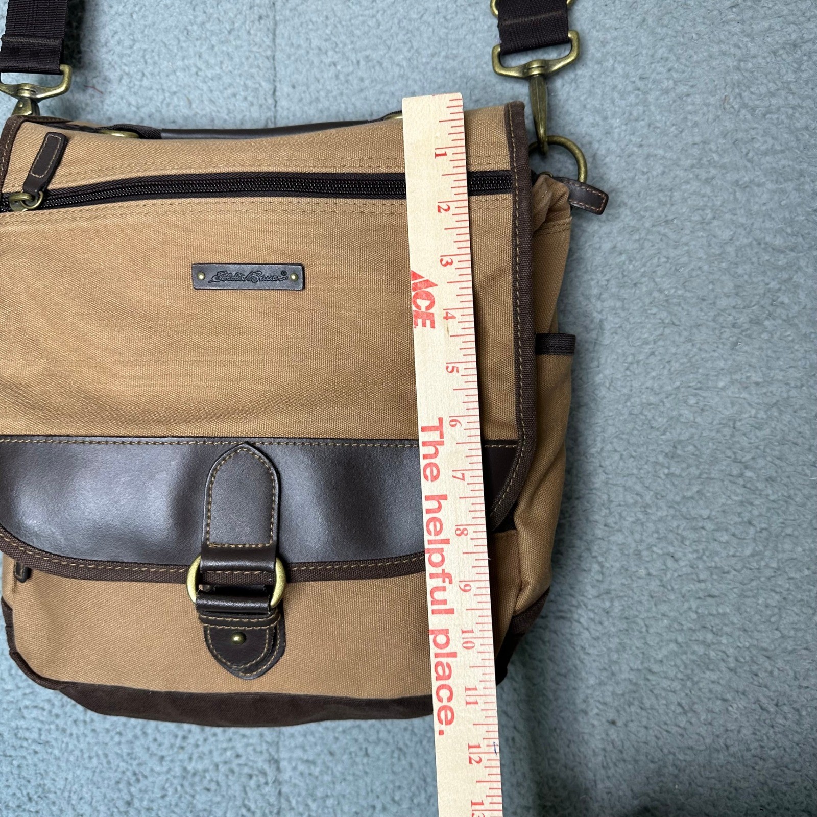 Eddie Bauer Tan Canvas Messenger Bag Brown Crossbody Satchel Brass Hardware