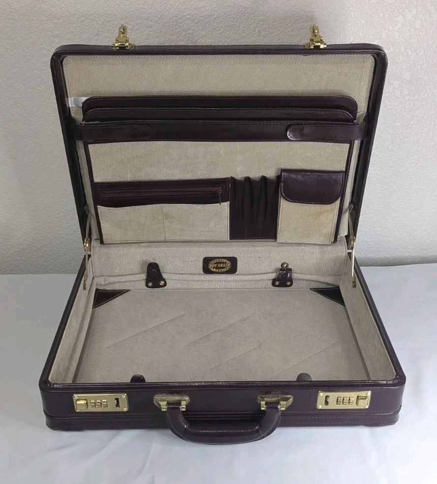 Vintage Leather Hardside Briefcase Burgundy Brown With Dual Combo Locks