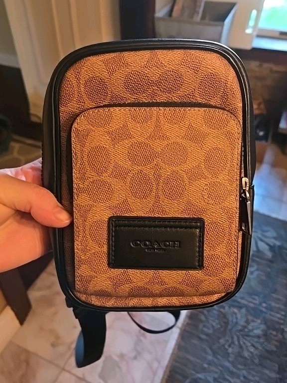Coach Racer Sling Pack Signature Canvas Leather CV763 Tan Black black wallet