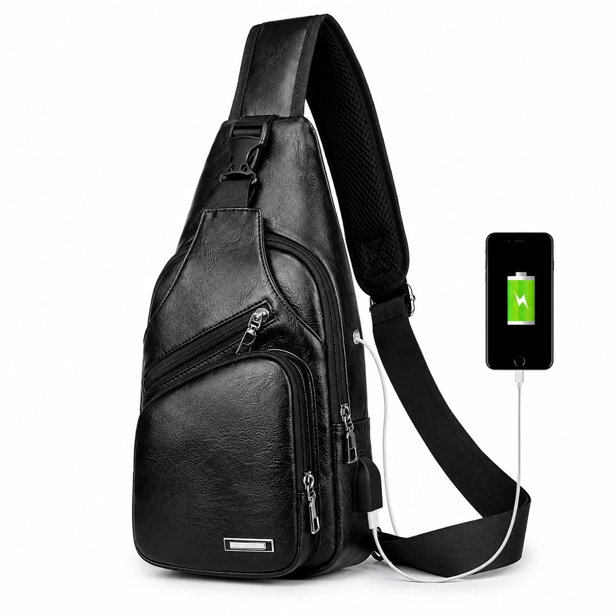 Black Chest Crossbody Bag Sling Backpack for Men with USB Charge Port
