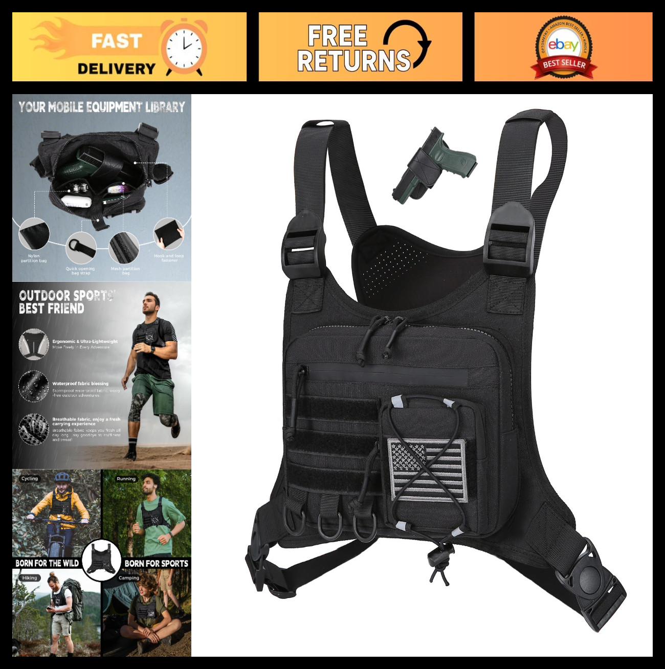 Outdoor Sports Chest Bag for Men – EDC Travel Vest Holster for Running, Hiking,