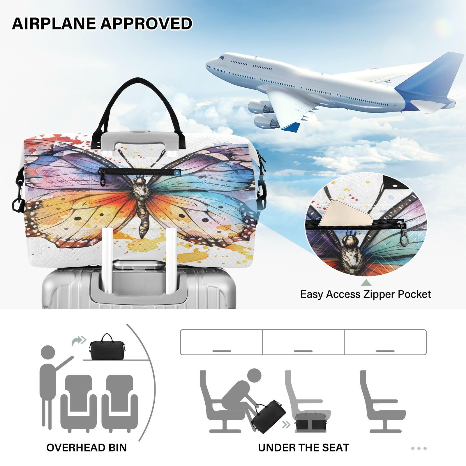 Butterfly Travel Duffle Gym Bag, Butterfly Watercolor Print Weekender for Wom…