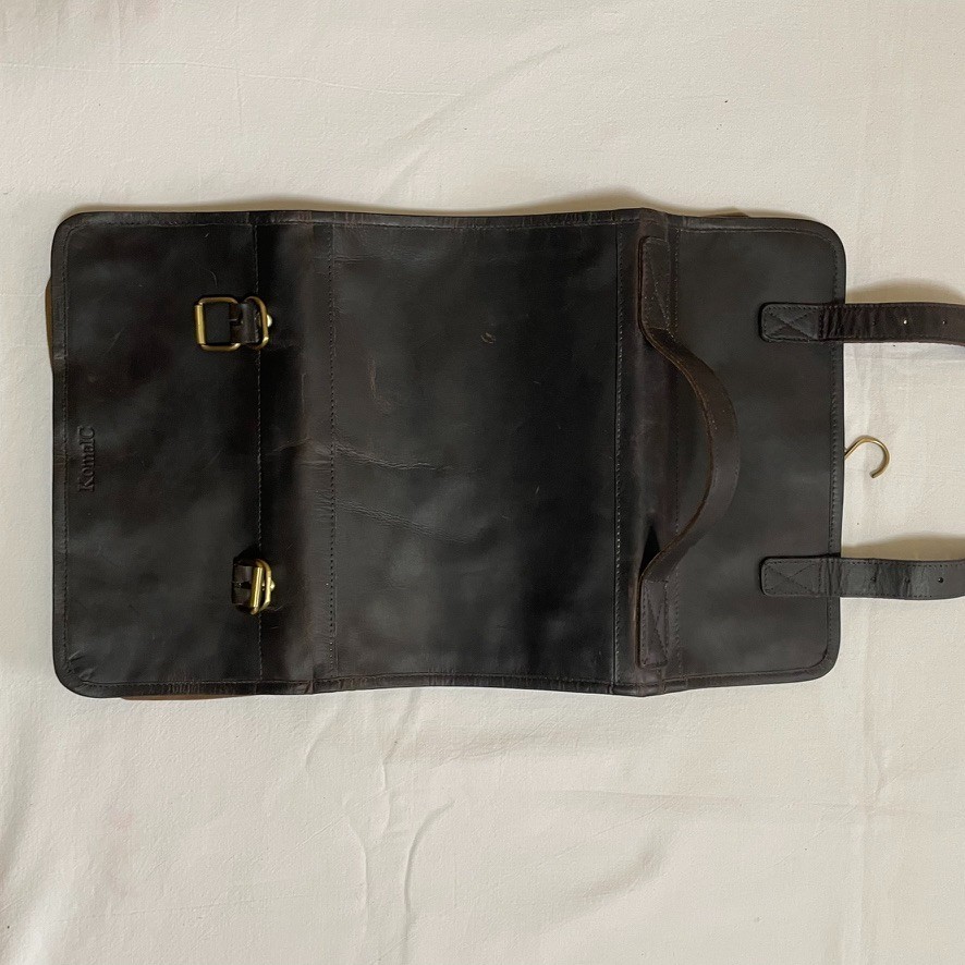KomalC Genuine Buffalo Leather Hanging Toiletry Bag Brown Dopp Kit Travel Case
