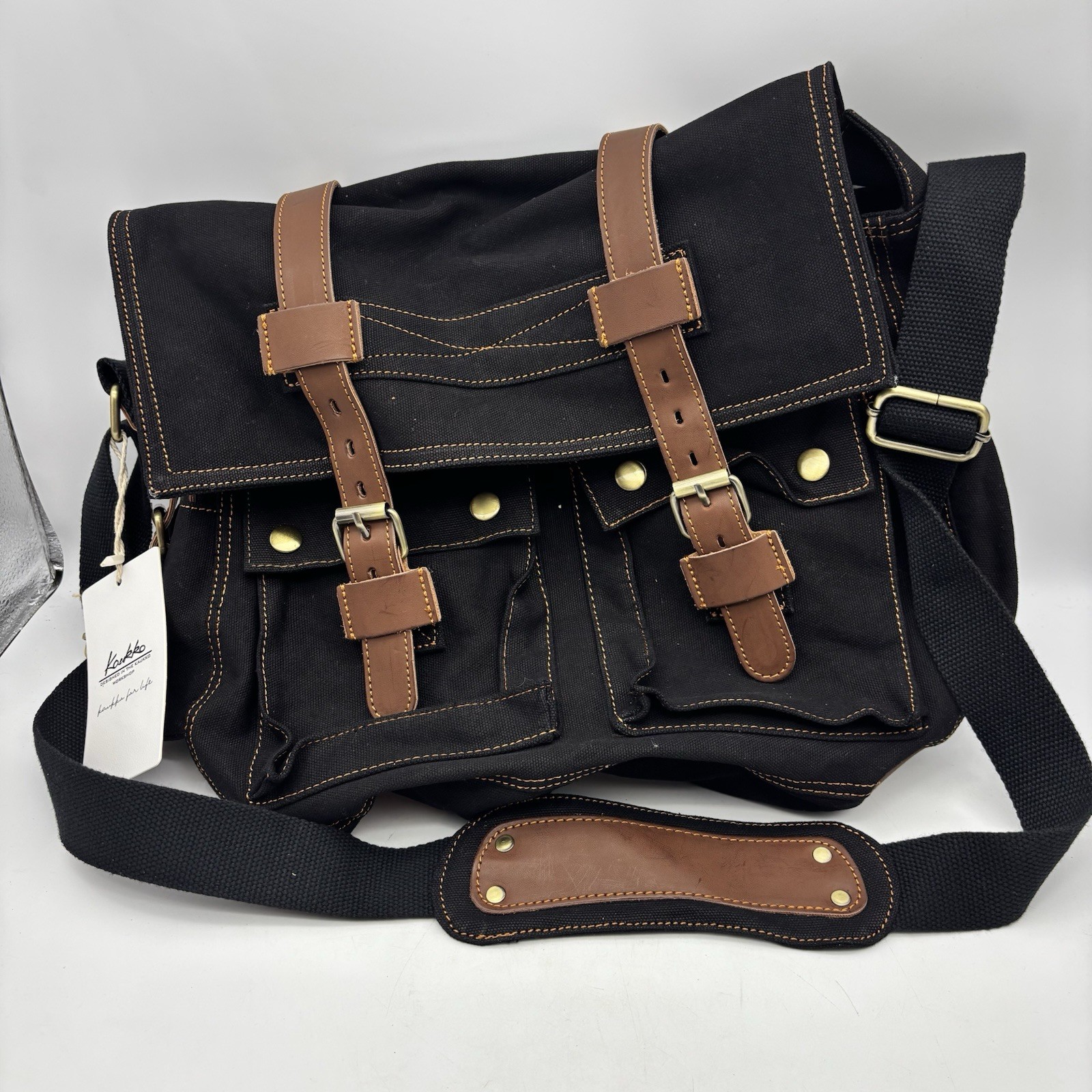 Vtg Kaukko Messenger School Bag Canvas & Leather NWT 14×12”x3″ Men’s Black Urban