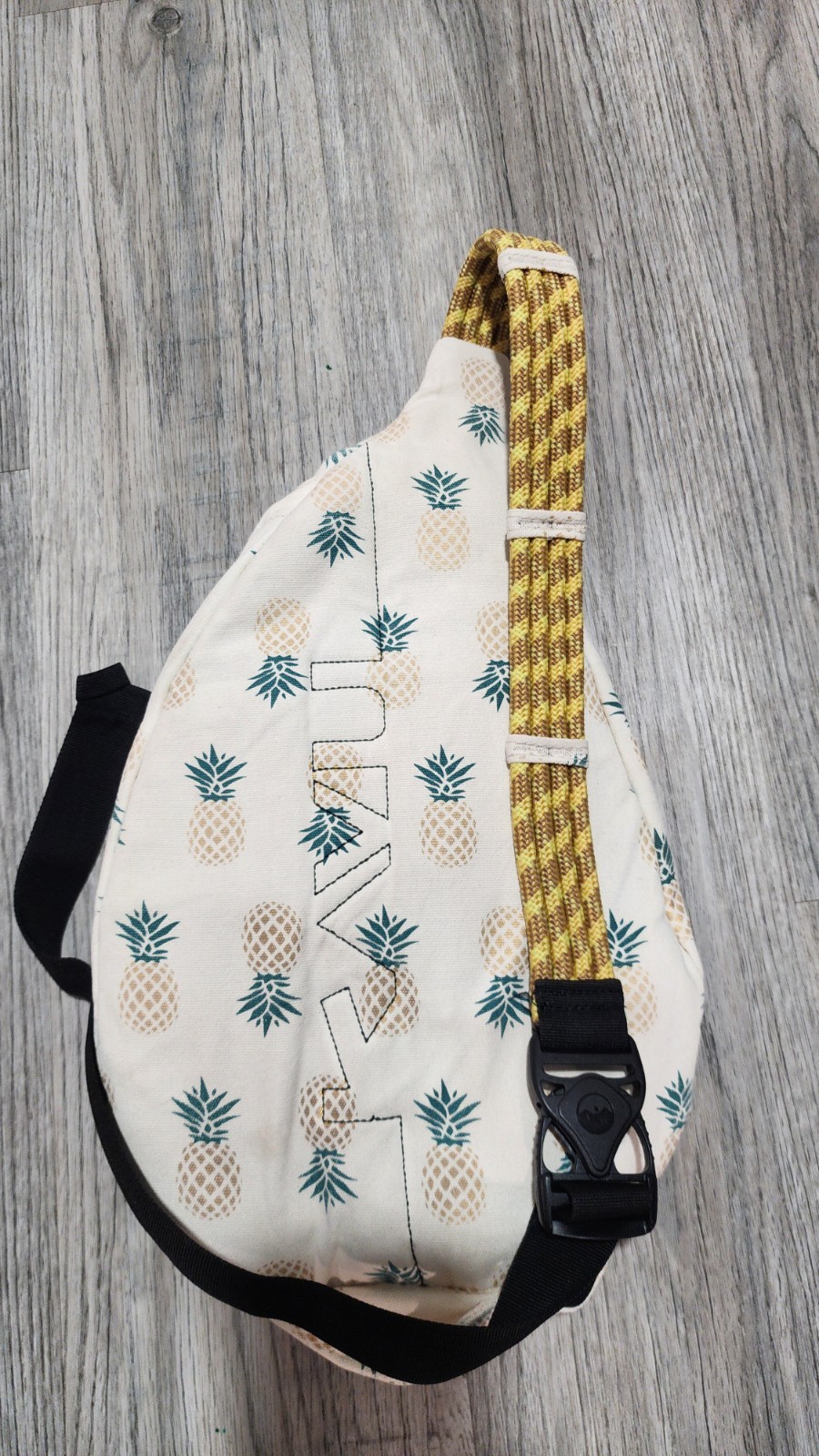 KAVU Rope Sling Pineapple Print Crossbody Bag Adjustable Strap Beige Yellow