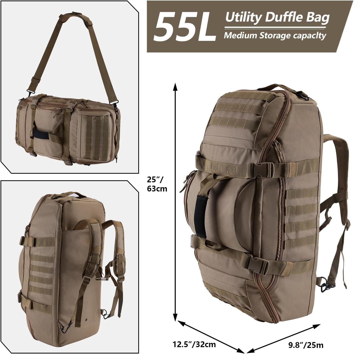 55L Large Duffle Bag, 3-In-1 Tactical Backpack MOLLE Pack for Gym, Sports, Outdo