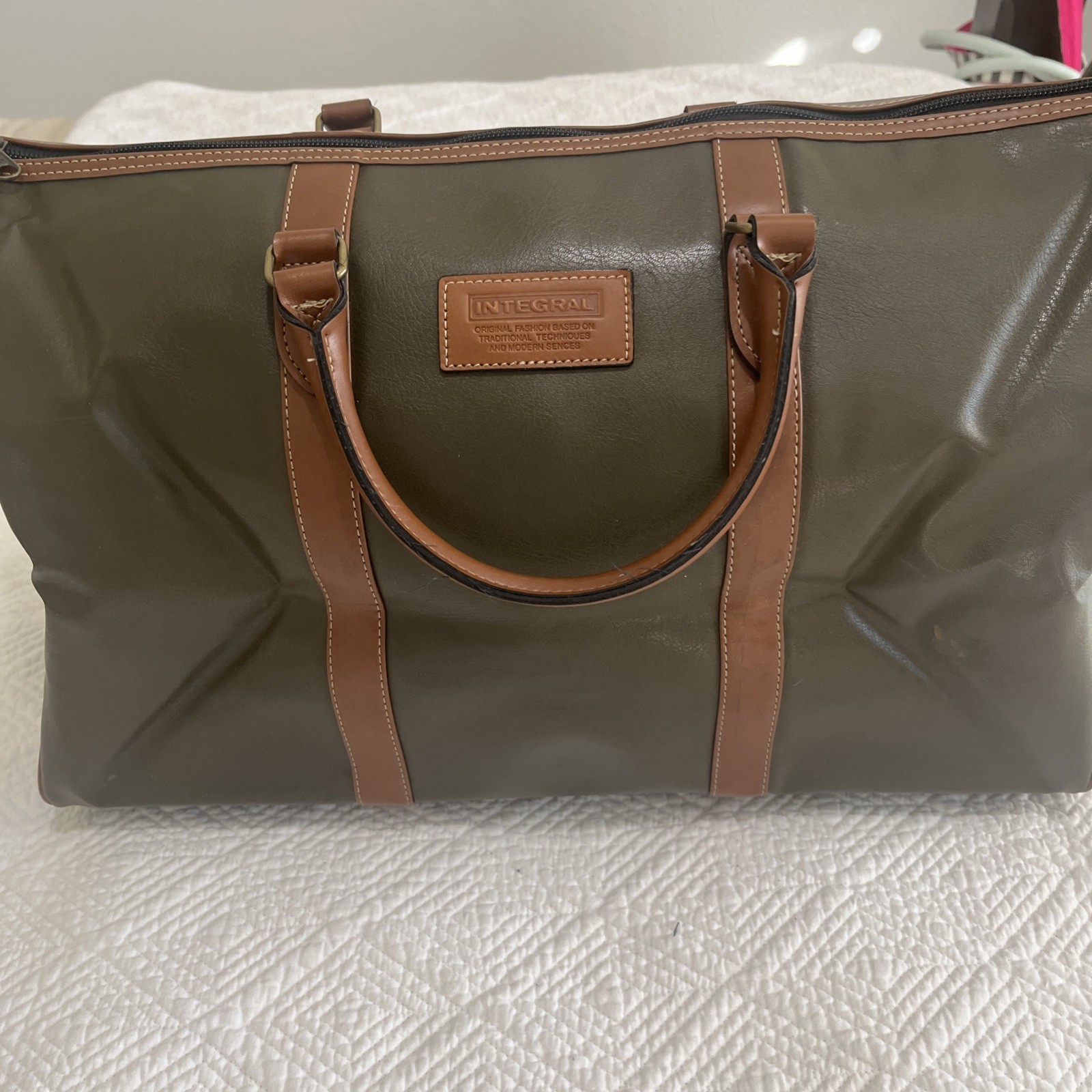 Synthetic Leather Duffel Bag Intergral Boston Travel Bag Large Men, Green Brown