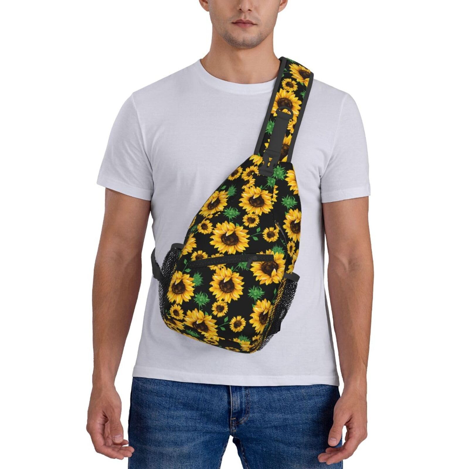 Yellow Sunflower Sling Backpack Men Hiking Daypack Crossbody 15.3×7.5×3.5 In