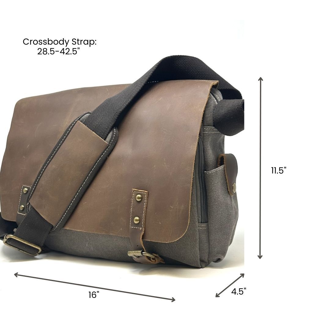 R&R Leather: Genuine Leather and Canvas Laptop Messenger Bag – Medium Grey