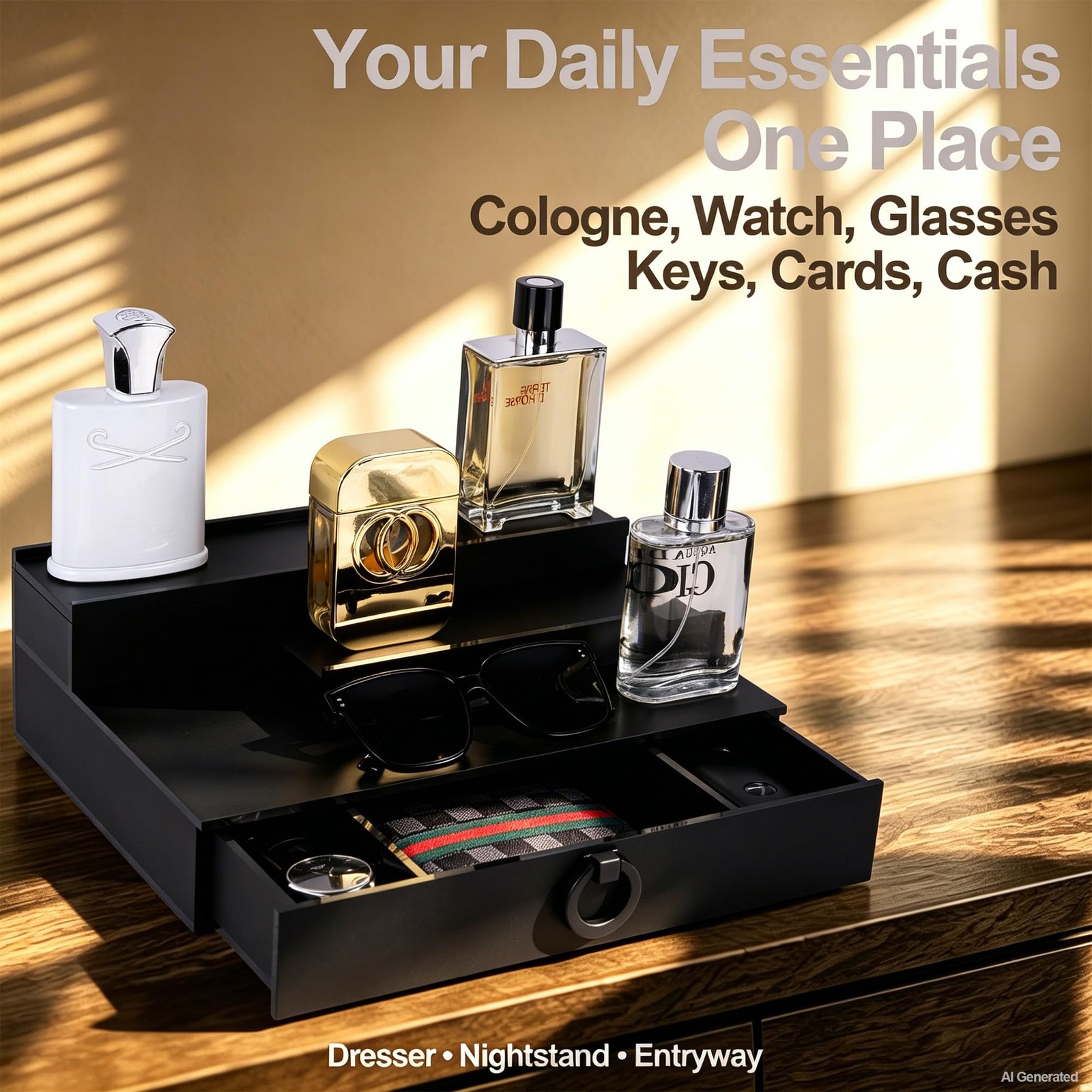 Men’s Valet Organizer with Drawer, Hidden Compartment, Matte Black