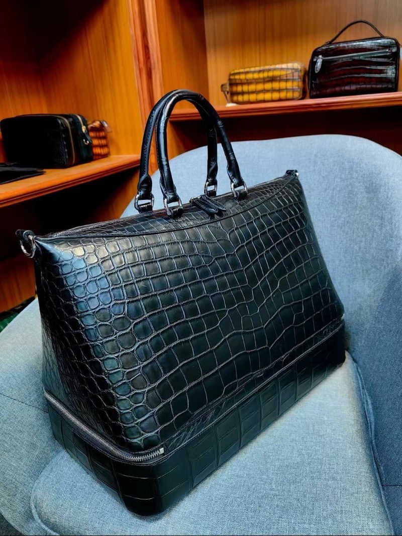 Handcrafted Real Croco Belly Leather Double Layer Business Handbag Travel