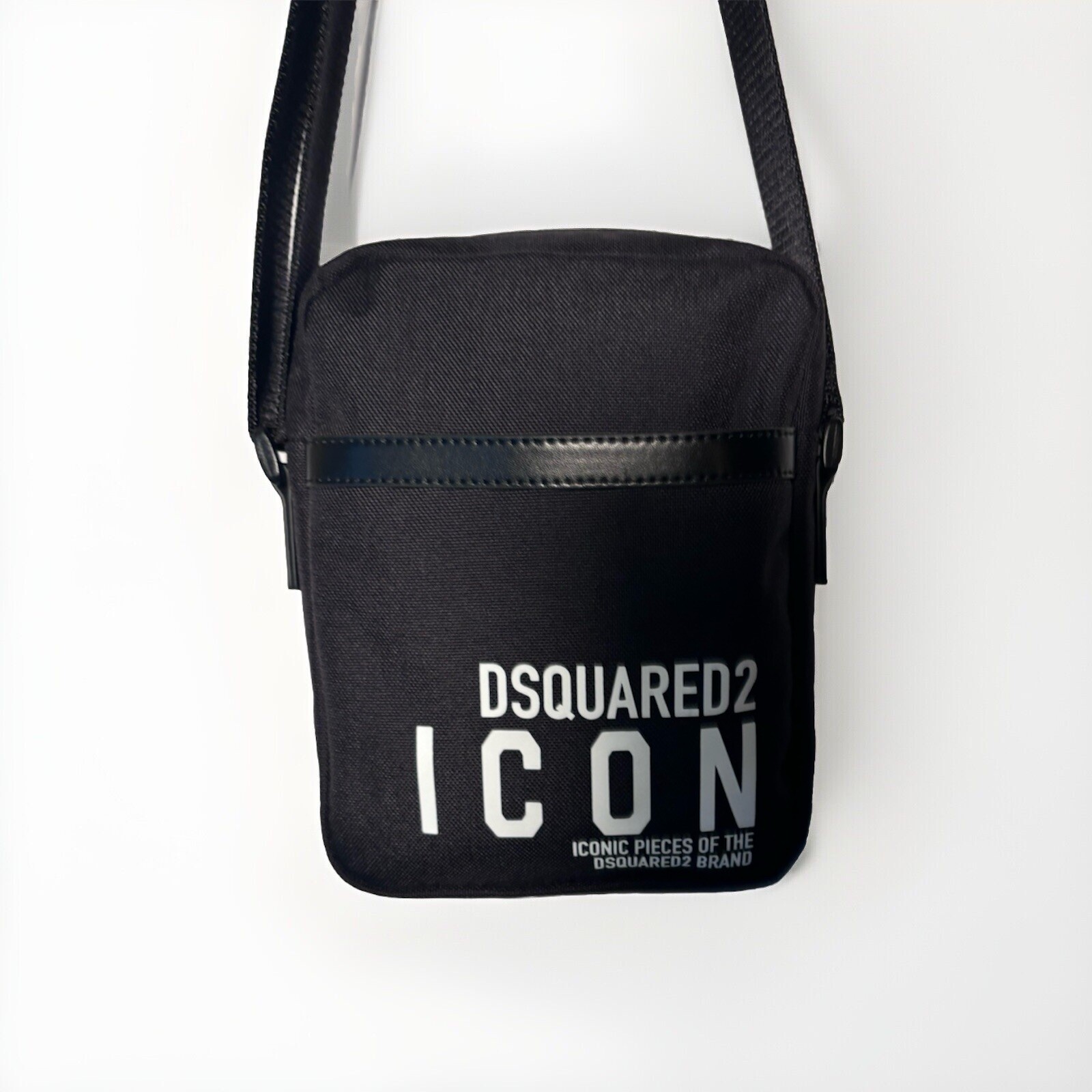 $602Dsquared2 Man Black polyamide – Cow Leather Be Icon Crossbody Shoulder Bag