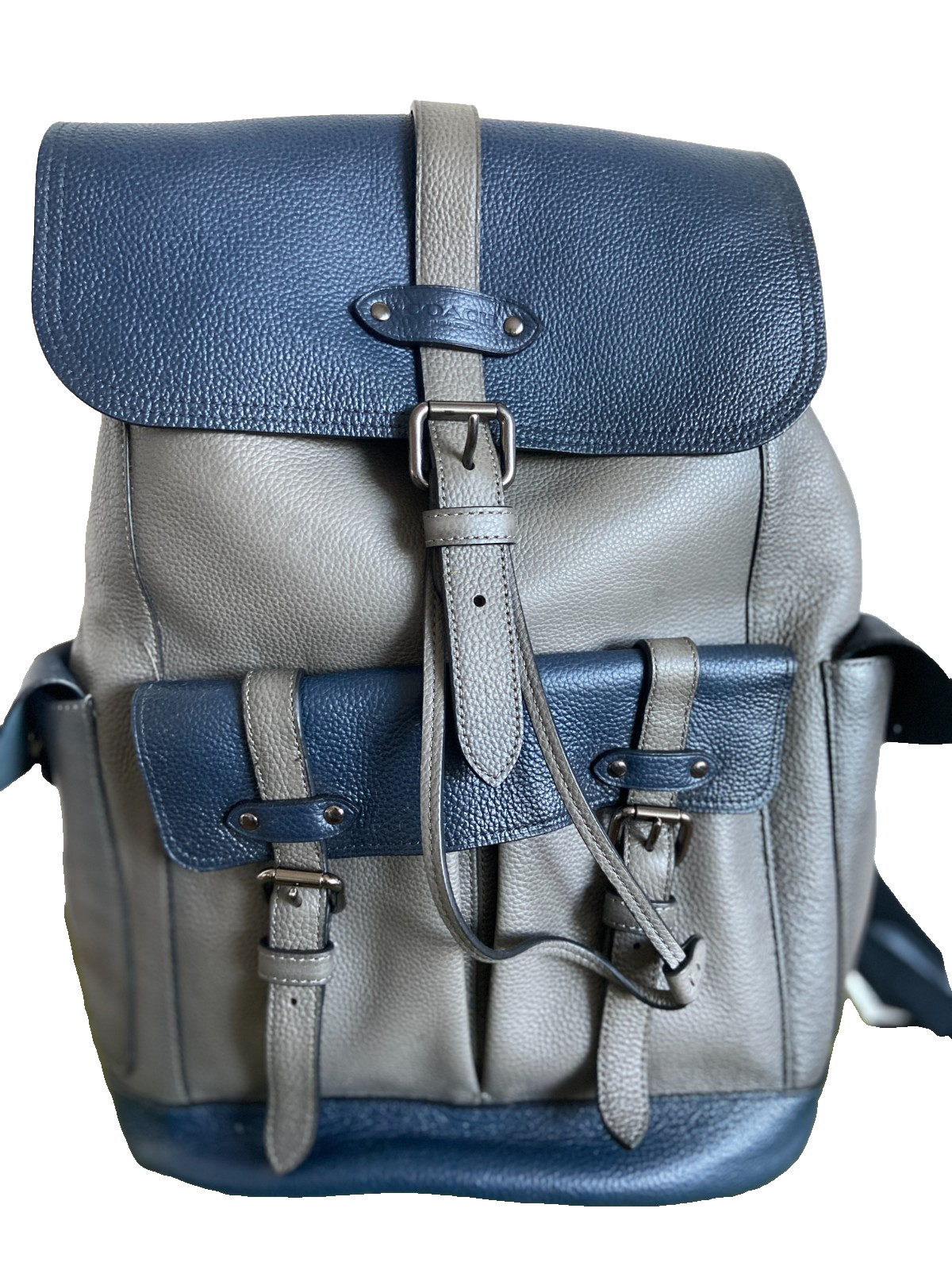 COACH #F49543 Hudson Grain Leather with Racing Stripes Men’s Backpack -Gray/Blue