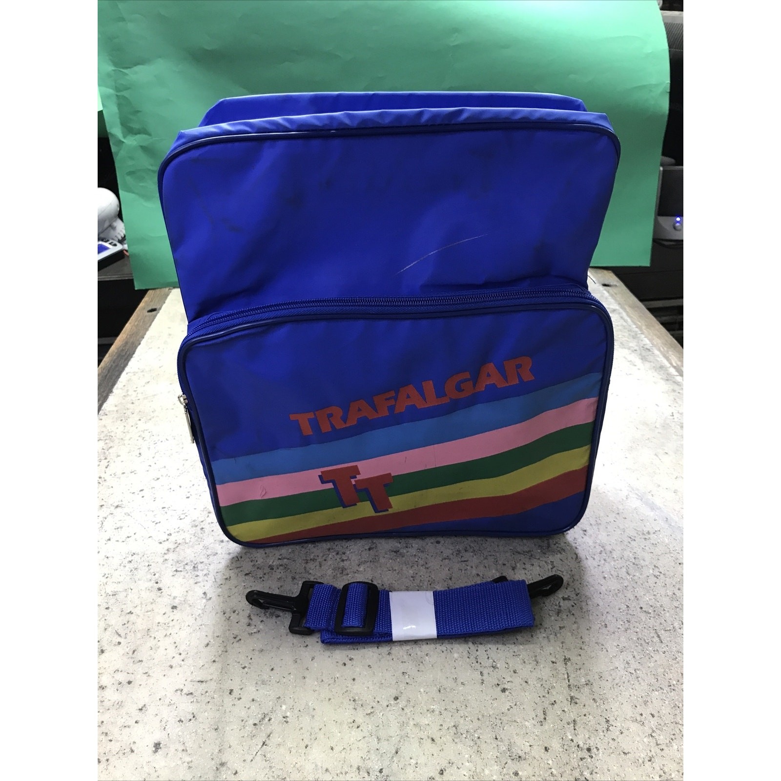Trafalgar 1980s Vintage Tote Crossbody Shoulder Bag Blue Rainbow Travel Carry On