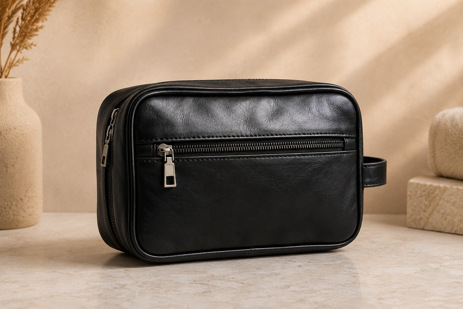 Genuine Sheep Leather Toiletry Bag Black Travel Dopp Kit New