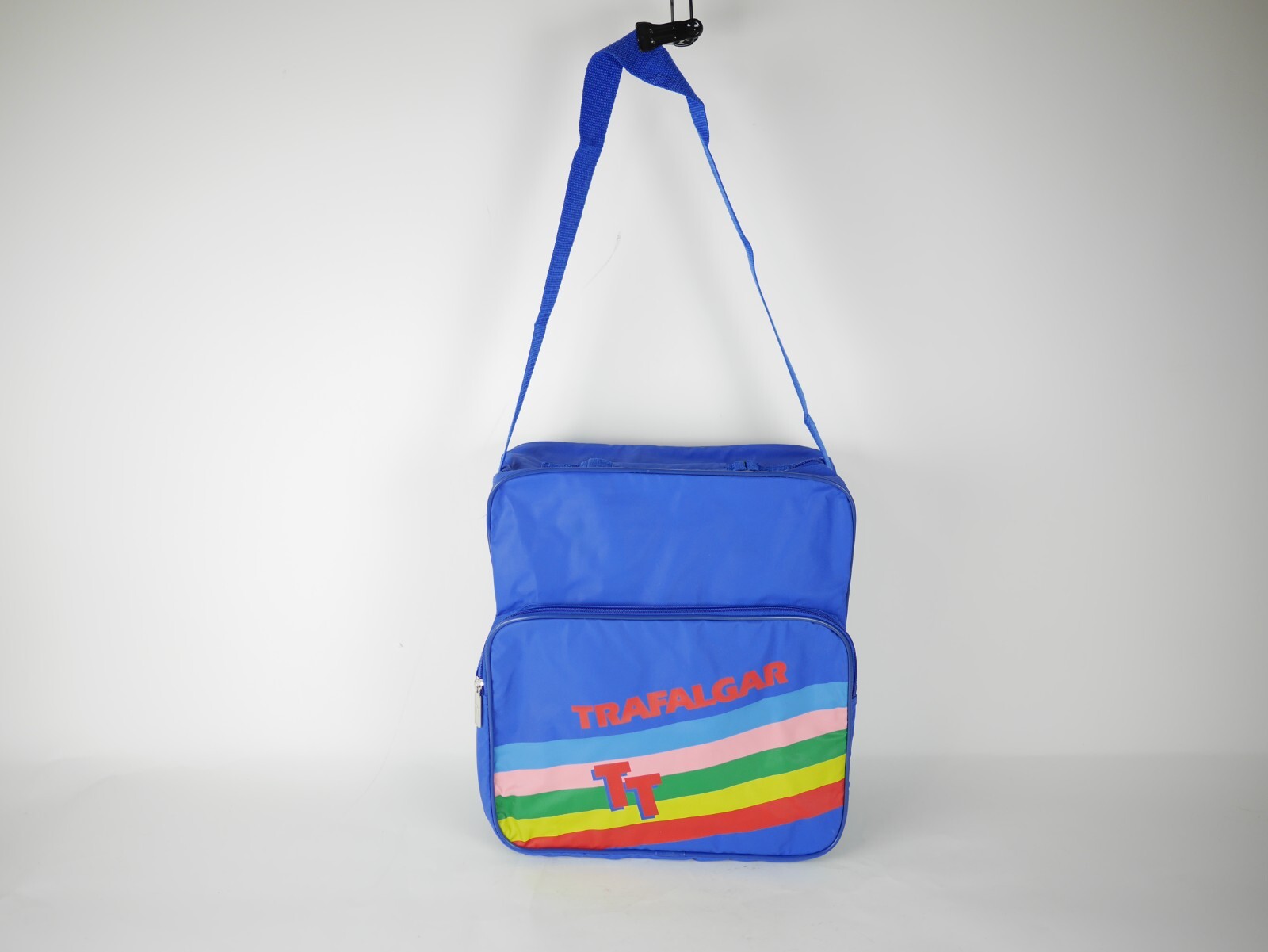 Vtg TRAFALGAR Blue & rainbow nylon Messenger Travel Bag Overnight 13.5″x12.5″