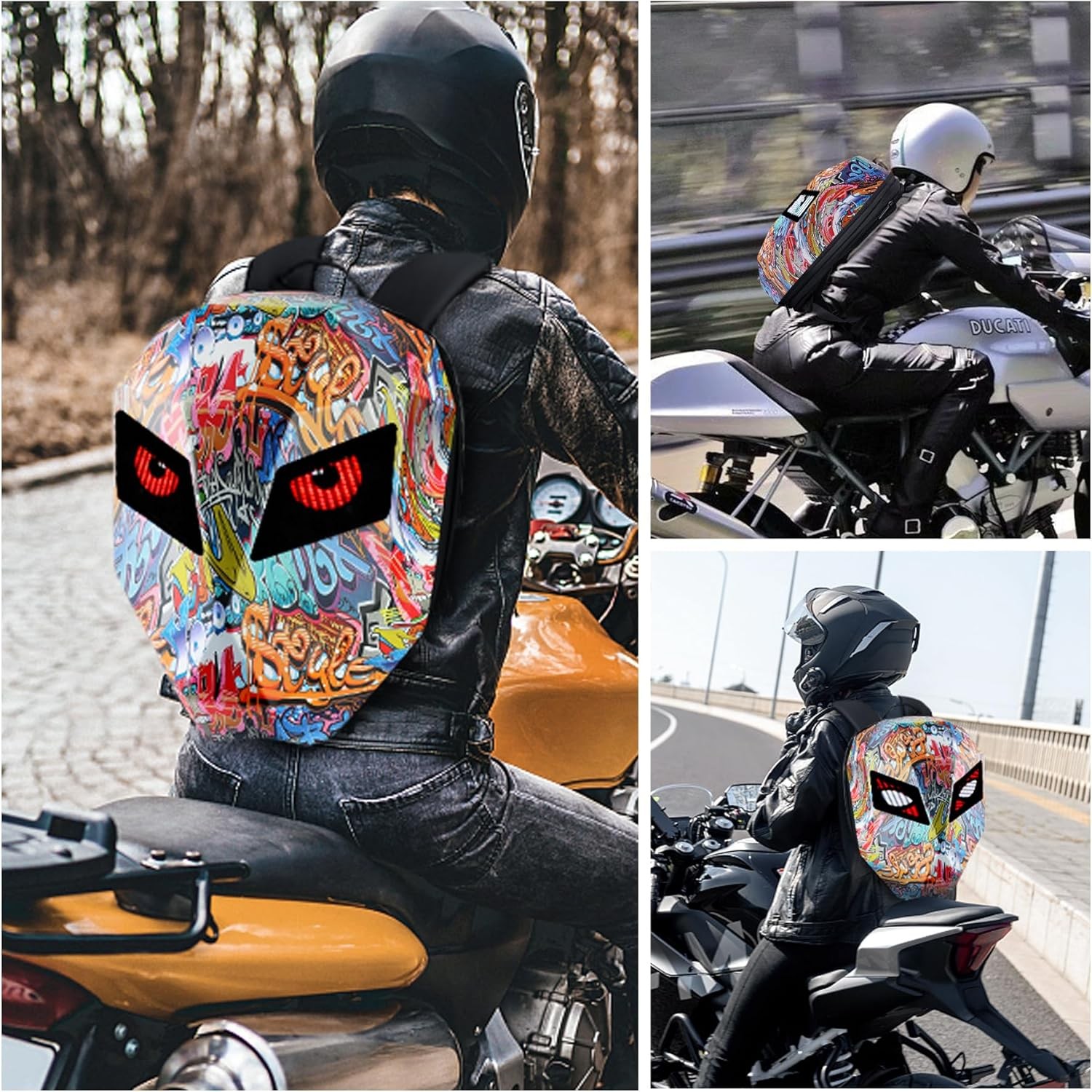 LED Motorcycle Backpack Moving Eyes Hard Case 19in Laptop Bag Graffiti Design