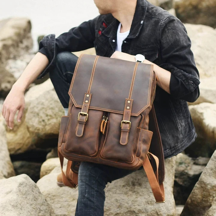 Classic Handmade Full Grain Leather Business Backpack Travel Laptop Rucksack
