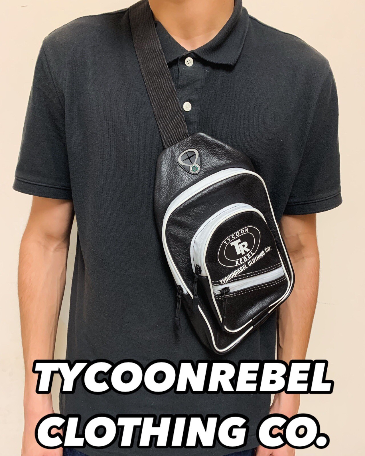 Tycoonrebel Leather TYCOON LOGO Crossbody Bag Messenger Sling Bag Black Color