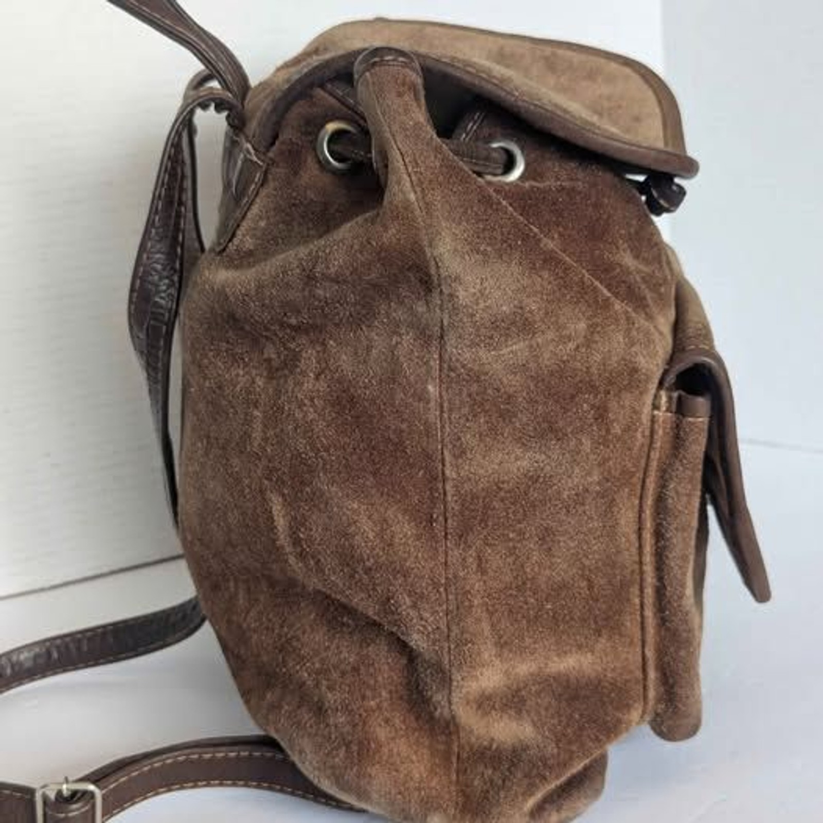 Vintage Tan Suede Leather Drawstring Backpack w Pocket 10x10x5″
