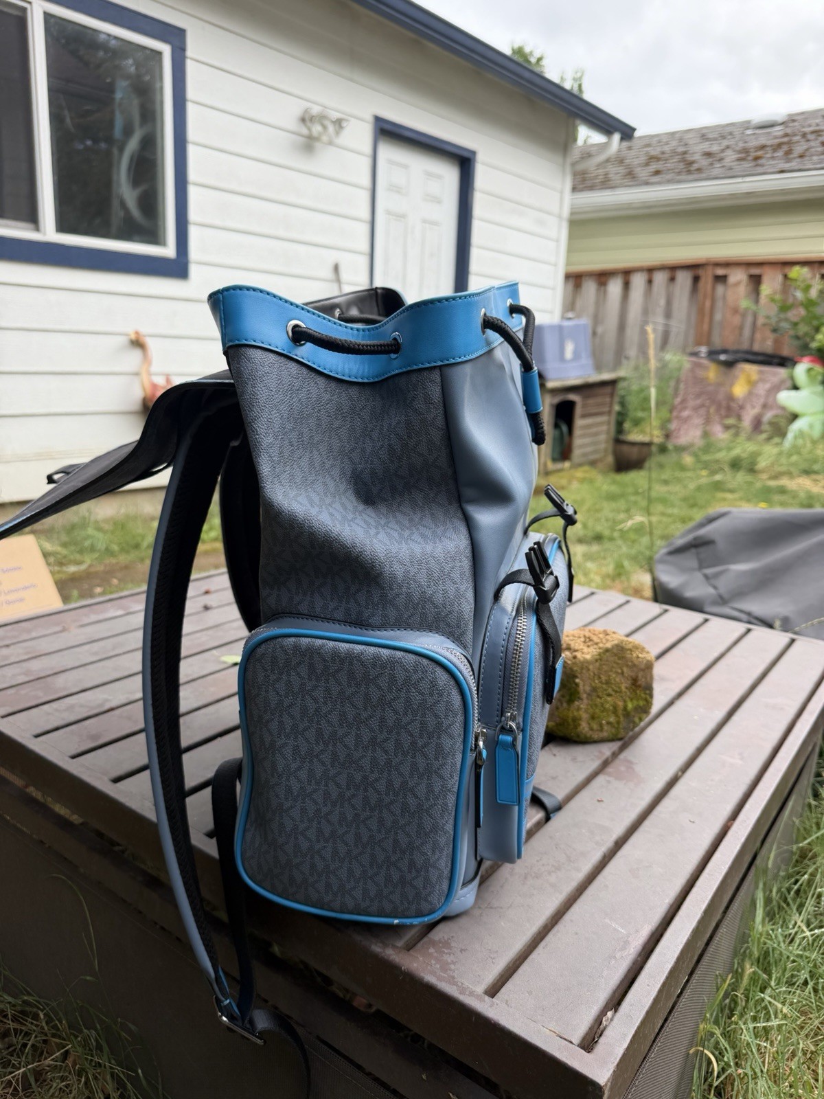Michael Kors Logo Backpack Gray Blue Black Large Drawstring Buckle Pockets