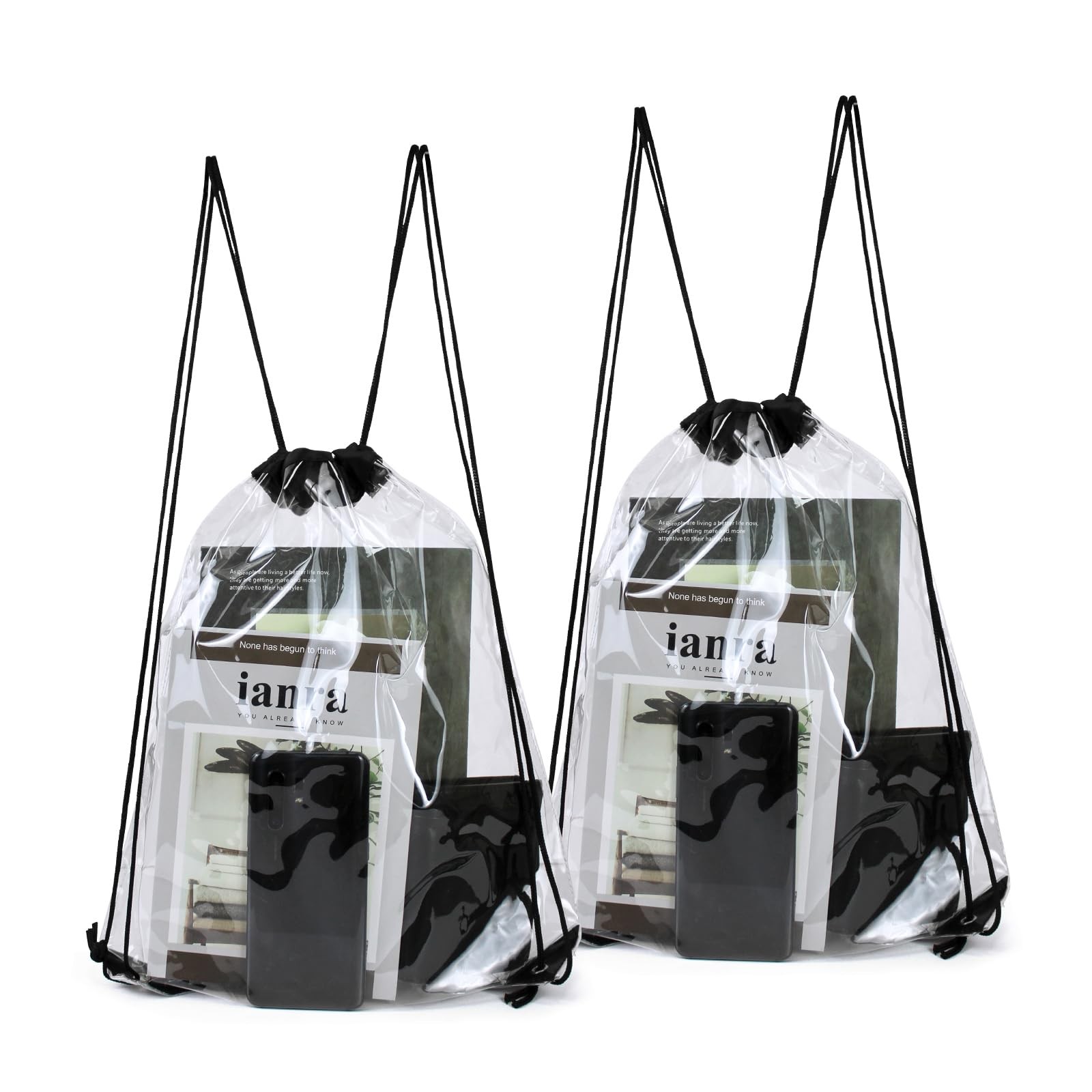2 PCS Black 13×16 Inch Clear Drawstring Backpacks Waterproof PVC Stadium