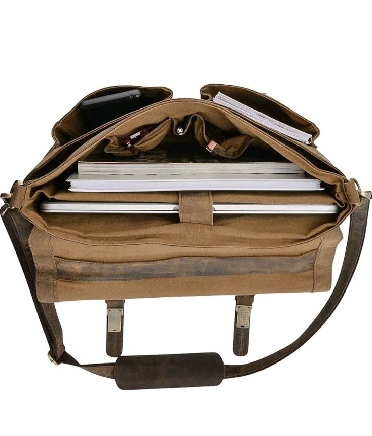 NWOT KomalC Brown Distressed Leather Briefcase Laptop Messenger Bag 19x14x5