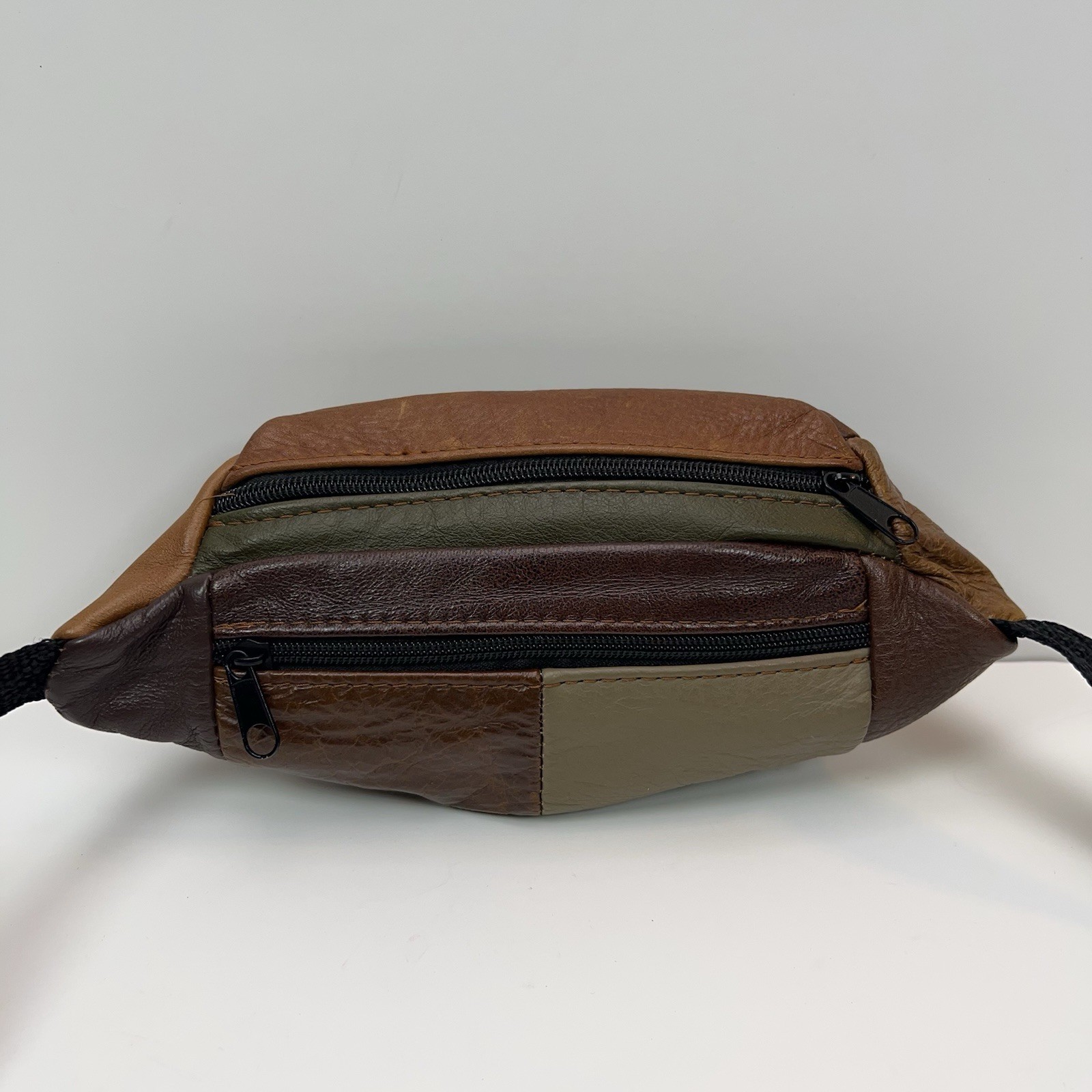 Vtg LEATHER Fanny Pack 90s Suede Patchwork Brown Waist Bag Straps Multi Pockets