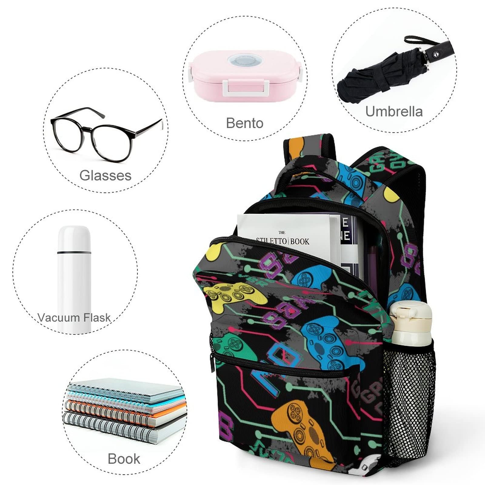 Colorful Game Joysticks Backpack School Bag Gamer Gamepad Laptop Travel Pockets