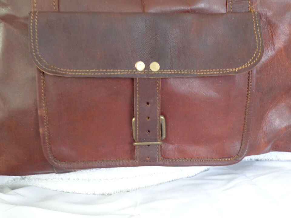 Large Handmade Indian Duffel Style Travel Leather Bag Brown Shoulder Strap