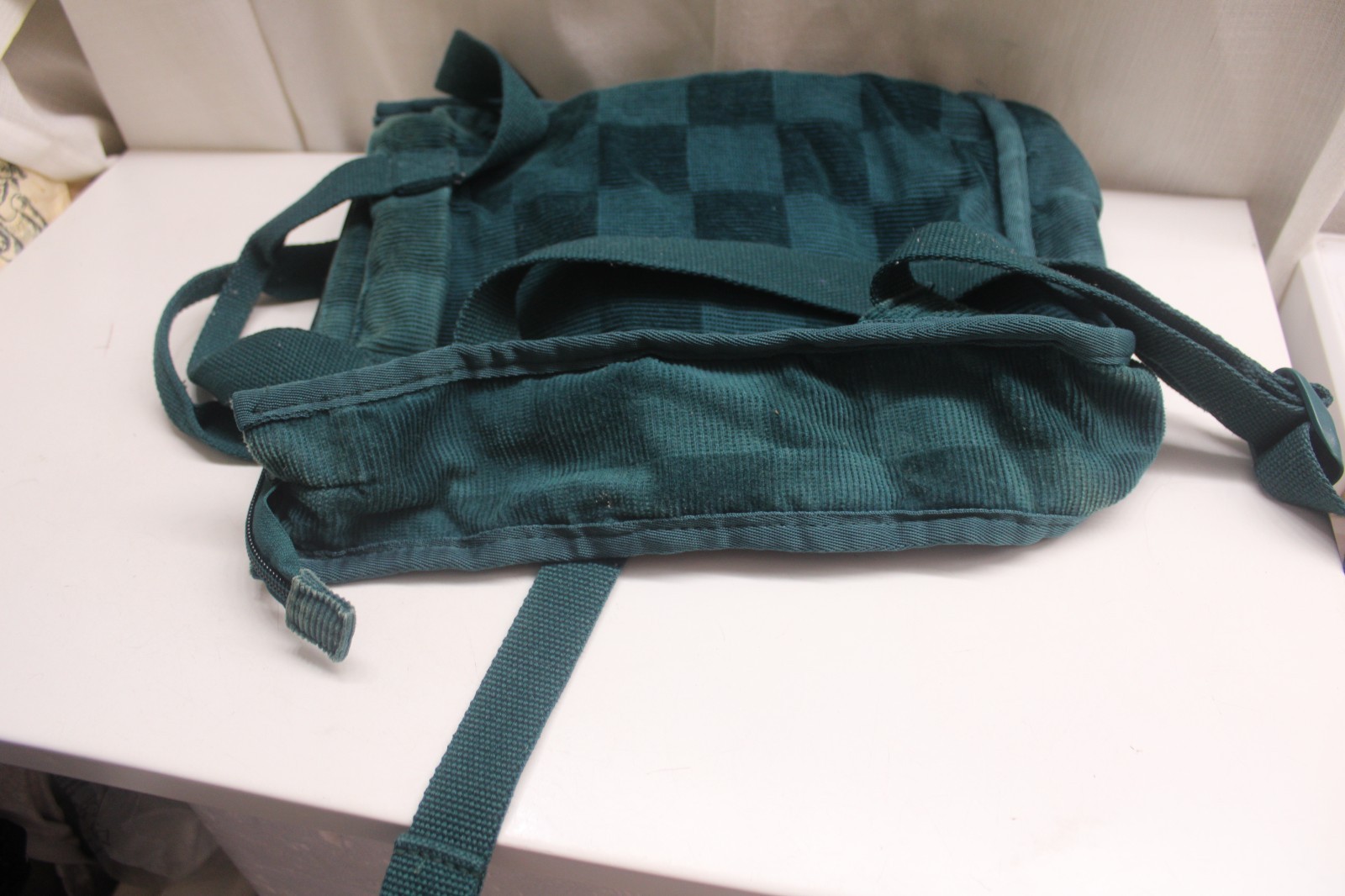 Vans Mini Free Hand backpack in a deep teal corduroy Checkerboard 10X11X3inches