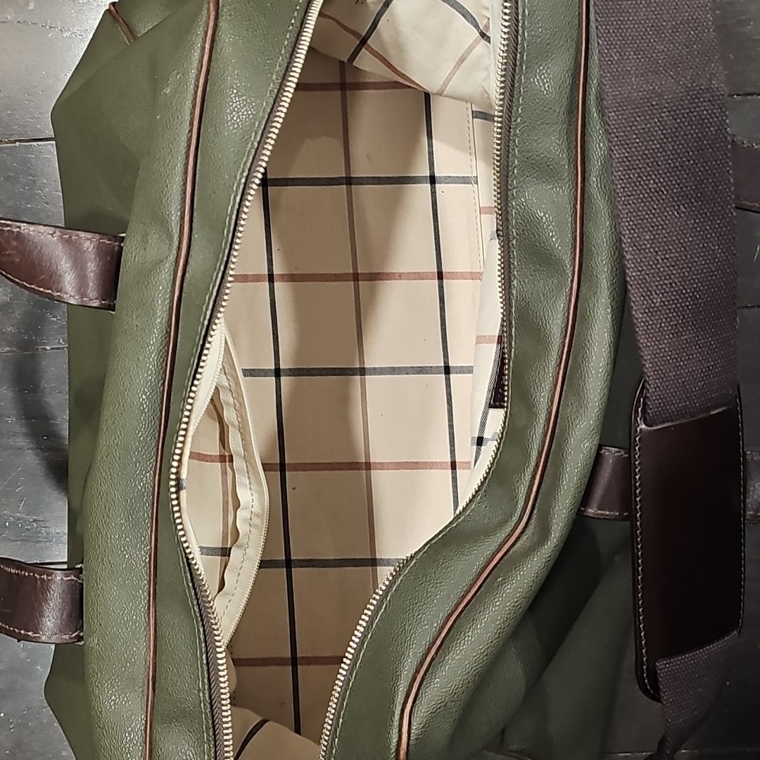 VTG Peter Millar Green PvC/Brown Leather Trim Duffle Travel Shoulder Bag Weekend