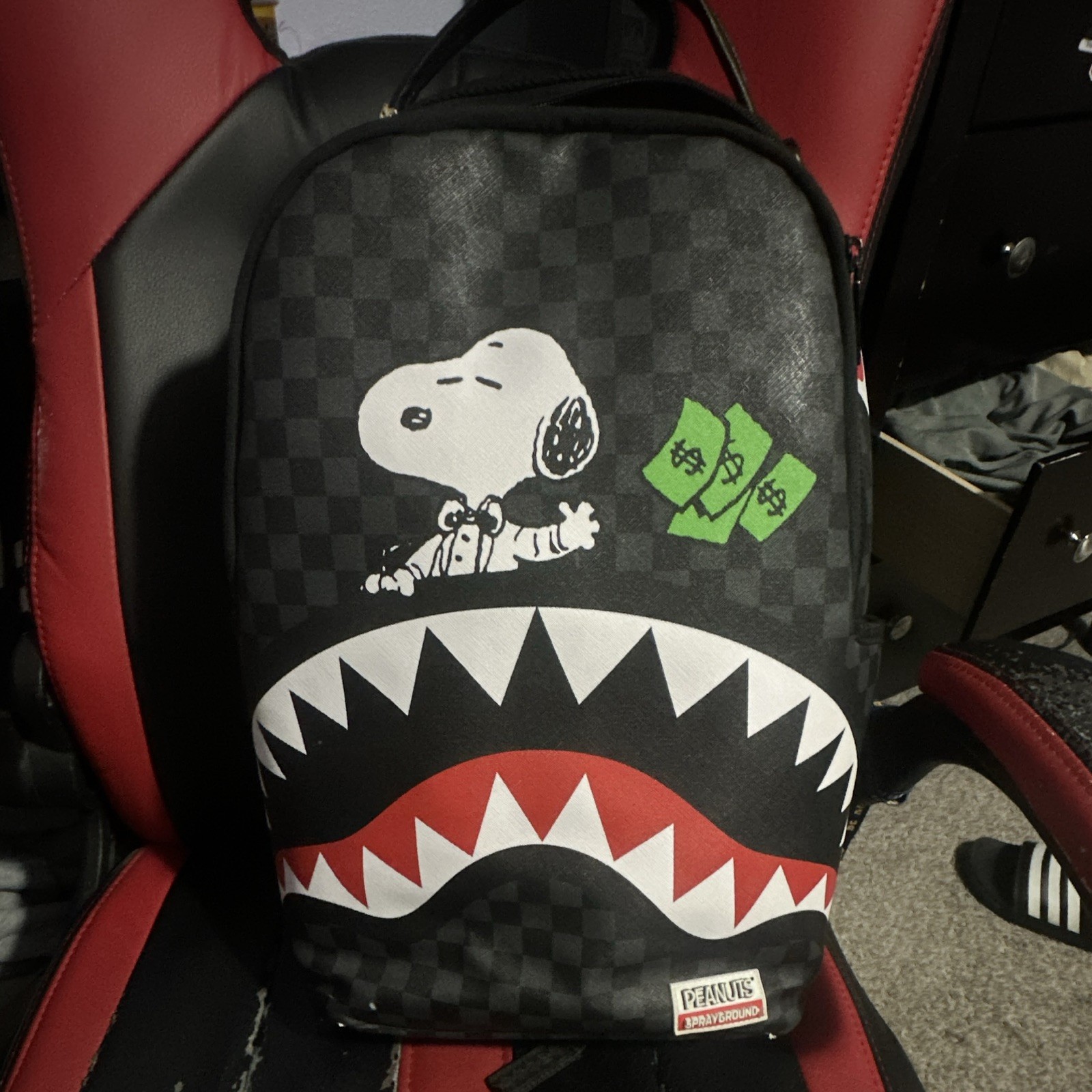 Sprayground Peanuts Snoopy Shark Backpack Black Checkered Red Interior