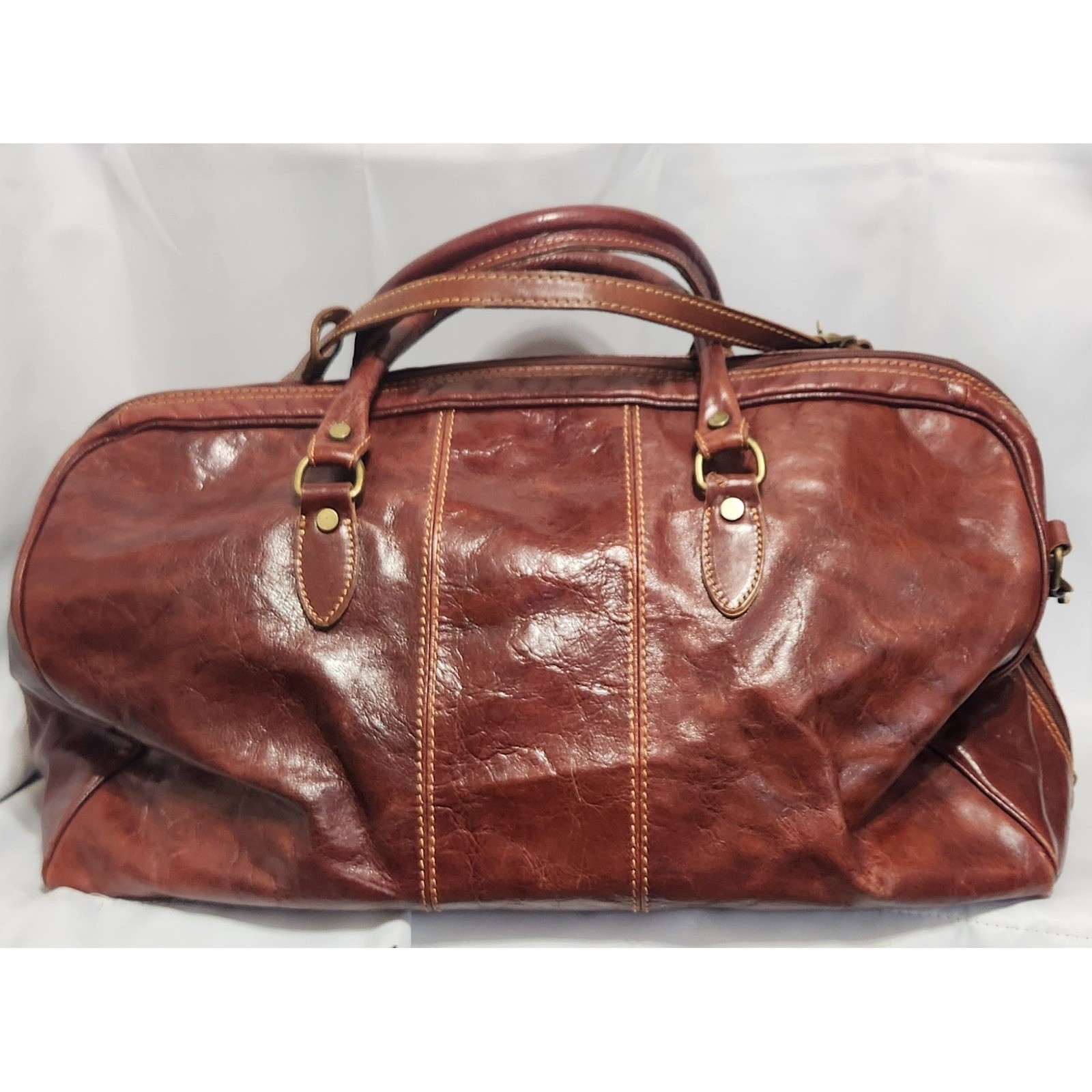 Vintage Floto Made in Italy Brown Leather Duffel Bag Travel Weekender Cognac