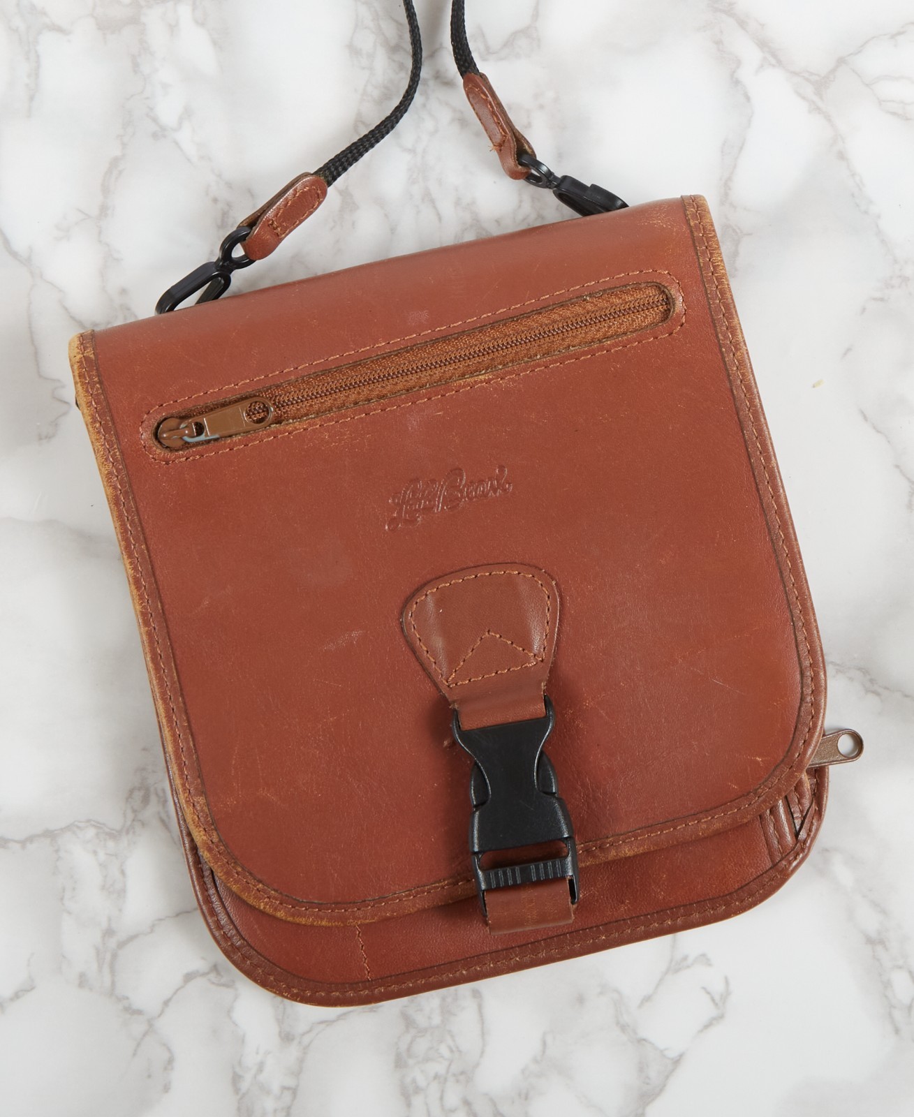LL Bean Vintage Brown Full Grain Leather Travel Pouch Belt Bag Buckle Utility