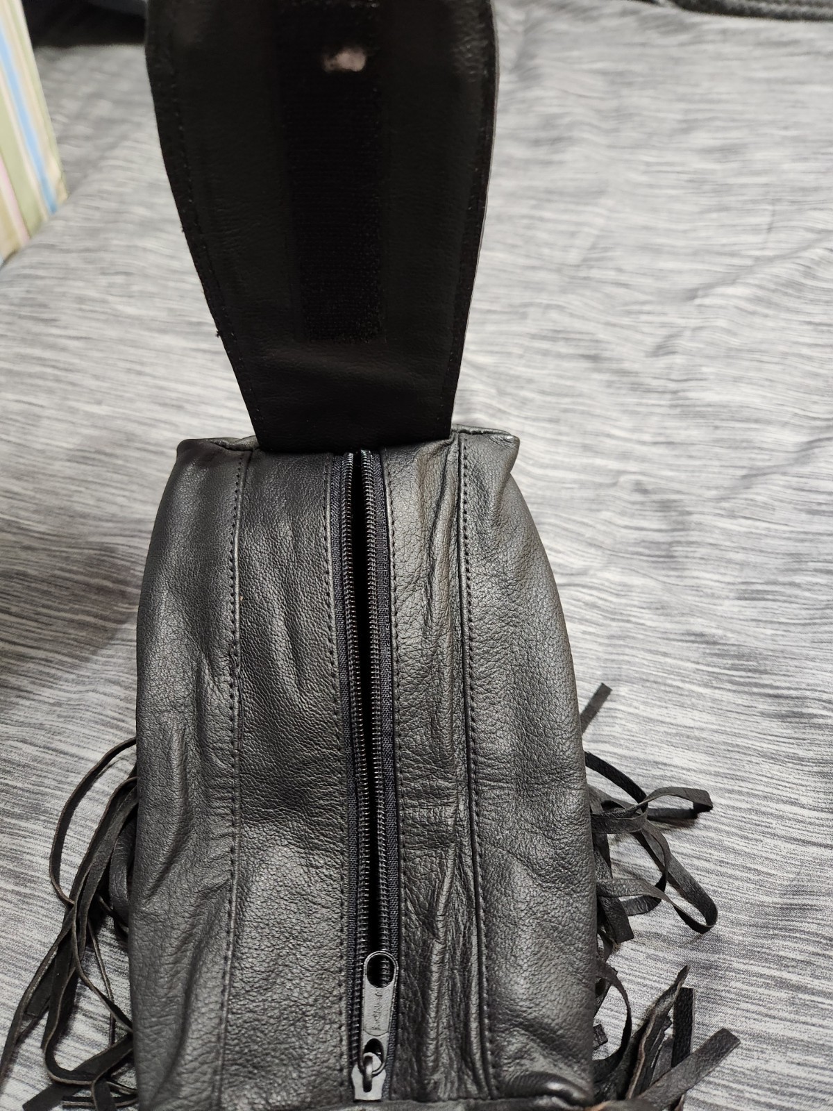 Black Leather Bag – Folding Pouch – Belt Bag – Fringe and Braid Unisex