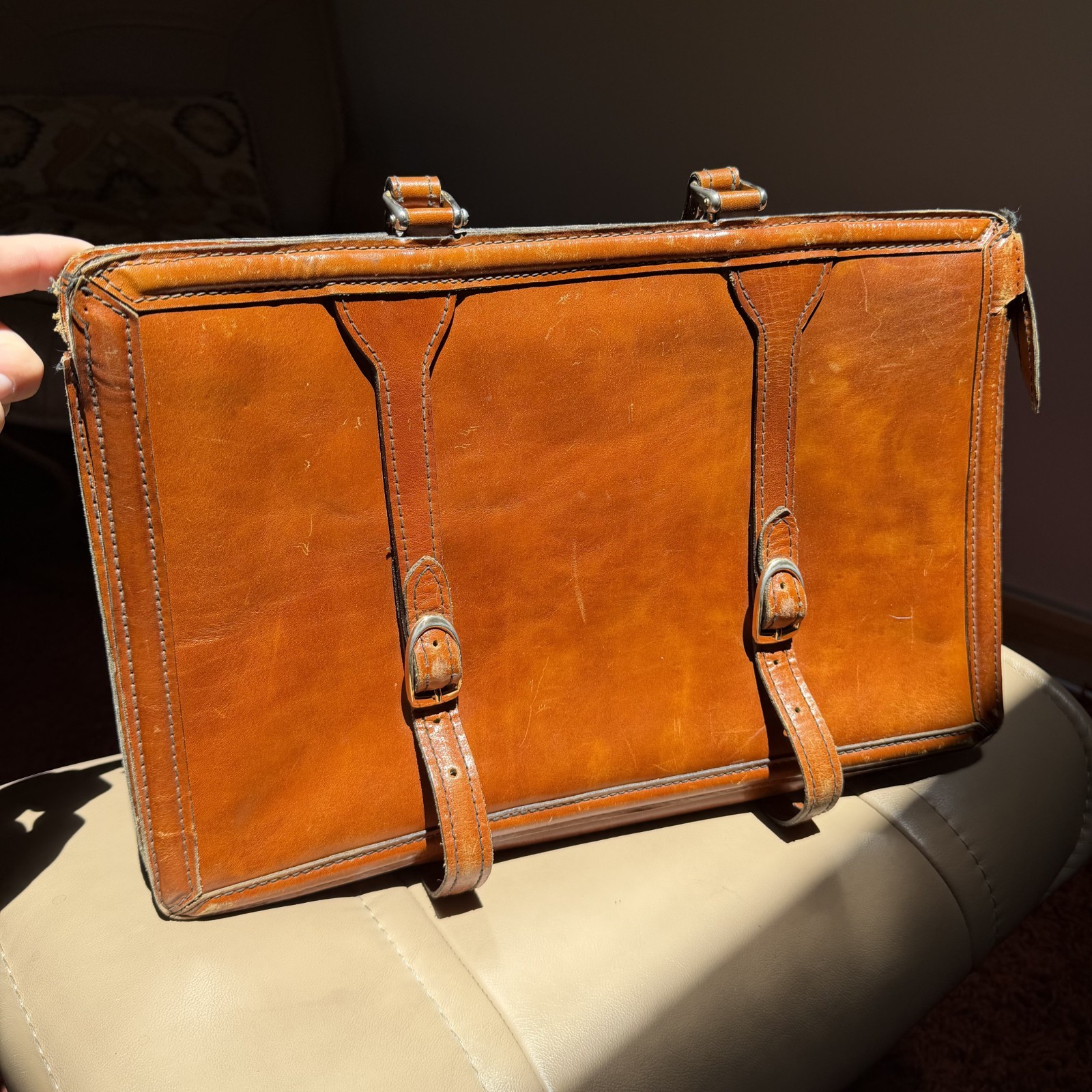 1930s Leather Briefcase Satchel Bag Brown Double Strap Messenger MacBook Pro VTG