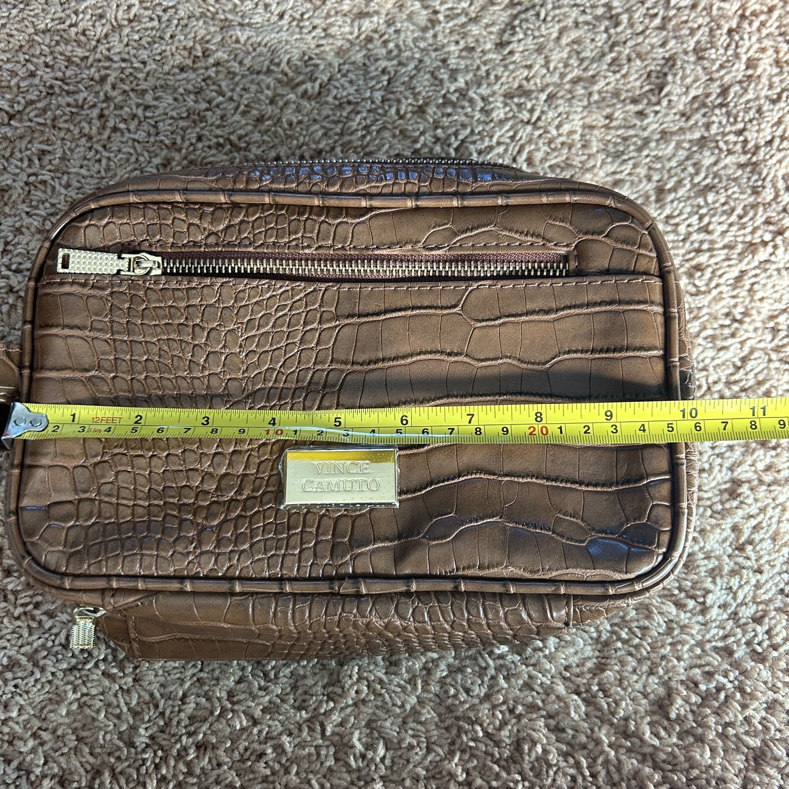 Vince Camuto Brown Crocodile Embossed Zip Around Toiletry Bag w Handle