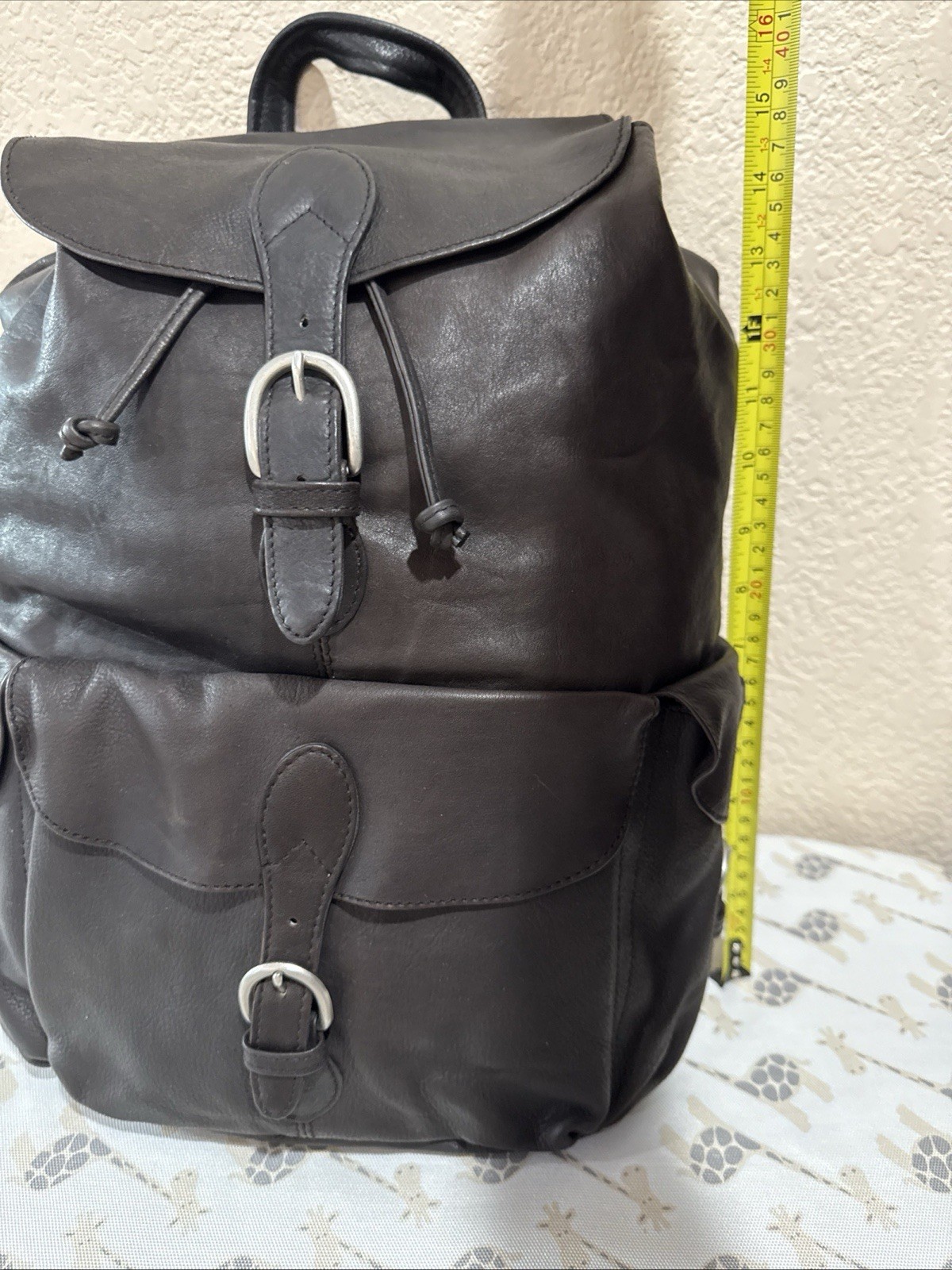 London Fog Leather Backpack Brown Drawstring Flap Buckle Pockets Travel Bag EUC