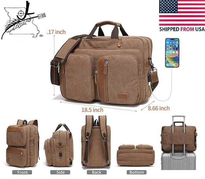 3 in 1 Laptop 17.3″ Messenger Bag Backpack Shoulder Sling Brown Canvas Leather