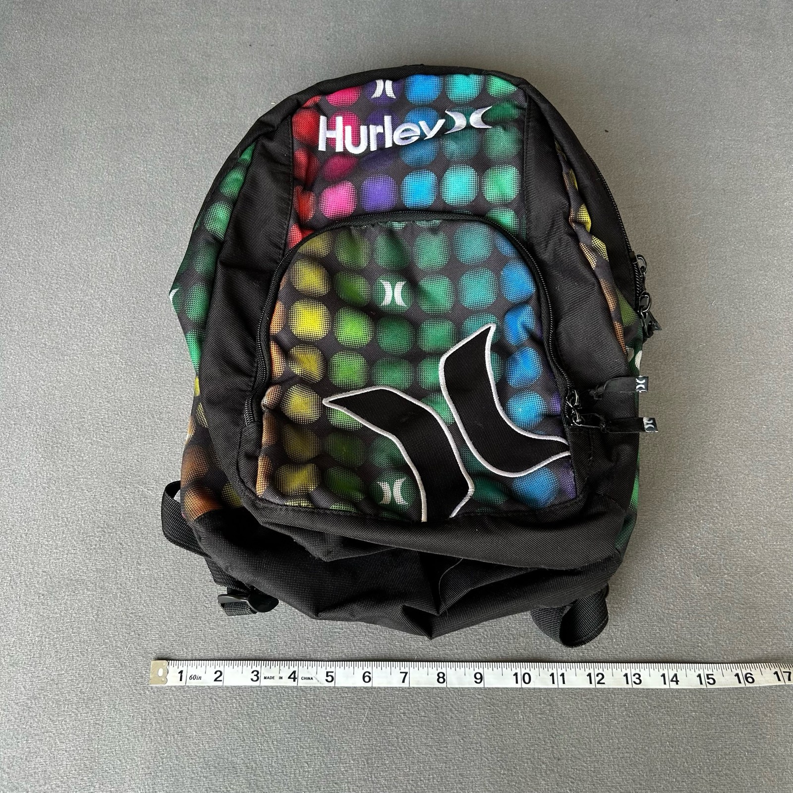 Hurley Black Multicolor Rainbow Dots Logo Backpack School Travel Bag