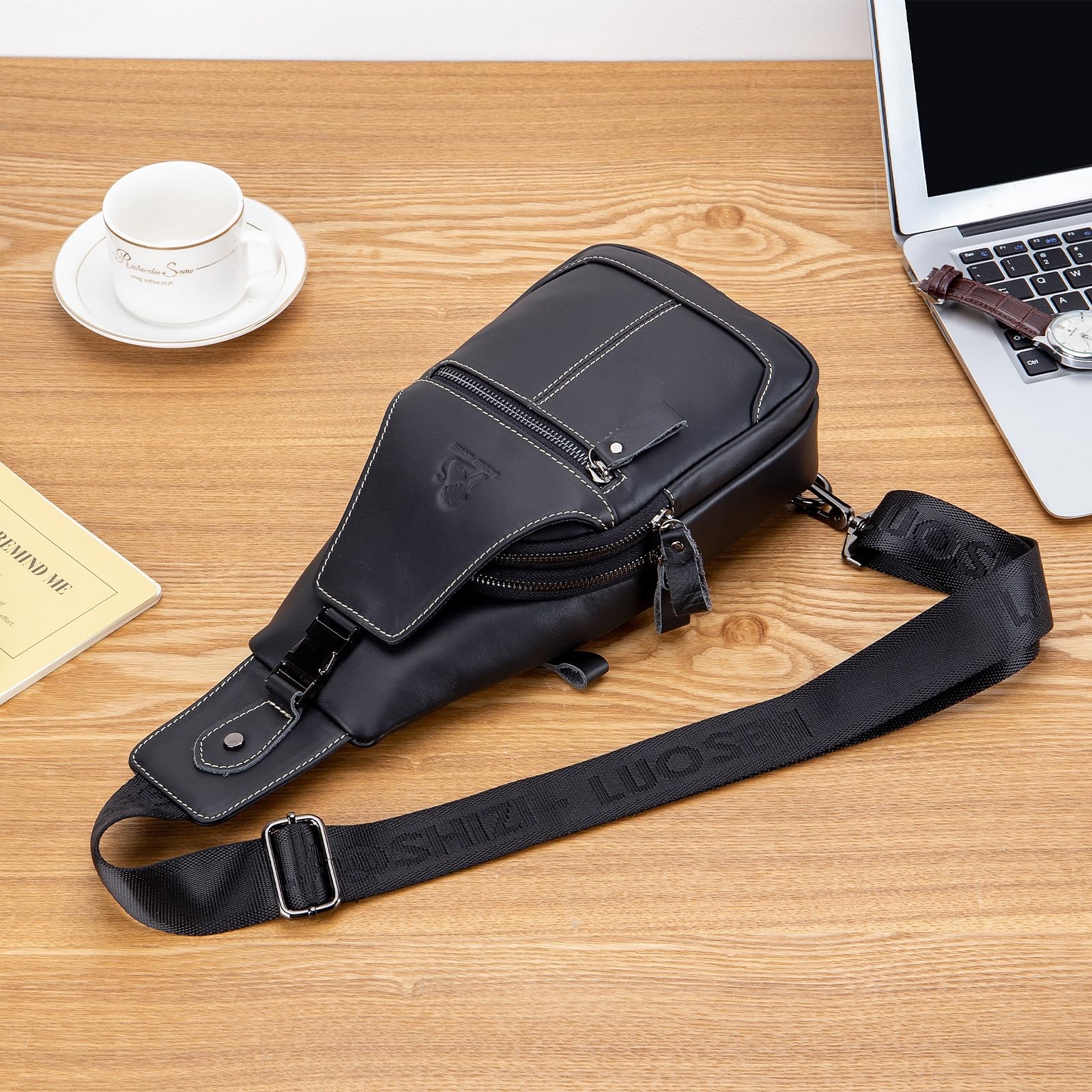 Leather Sling Bag for Men Chest Shoulder Bag Crossbody Backpack Black 1 PCS