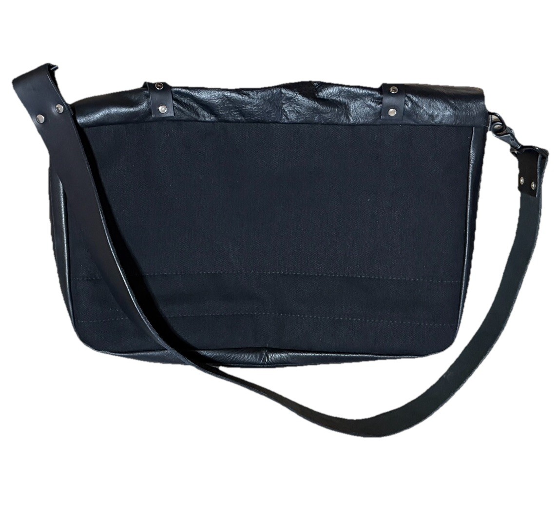 Mens Large Leather & Wool Messenger Bag Crossbody Briefcase Travel Gray Black