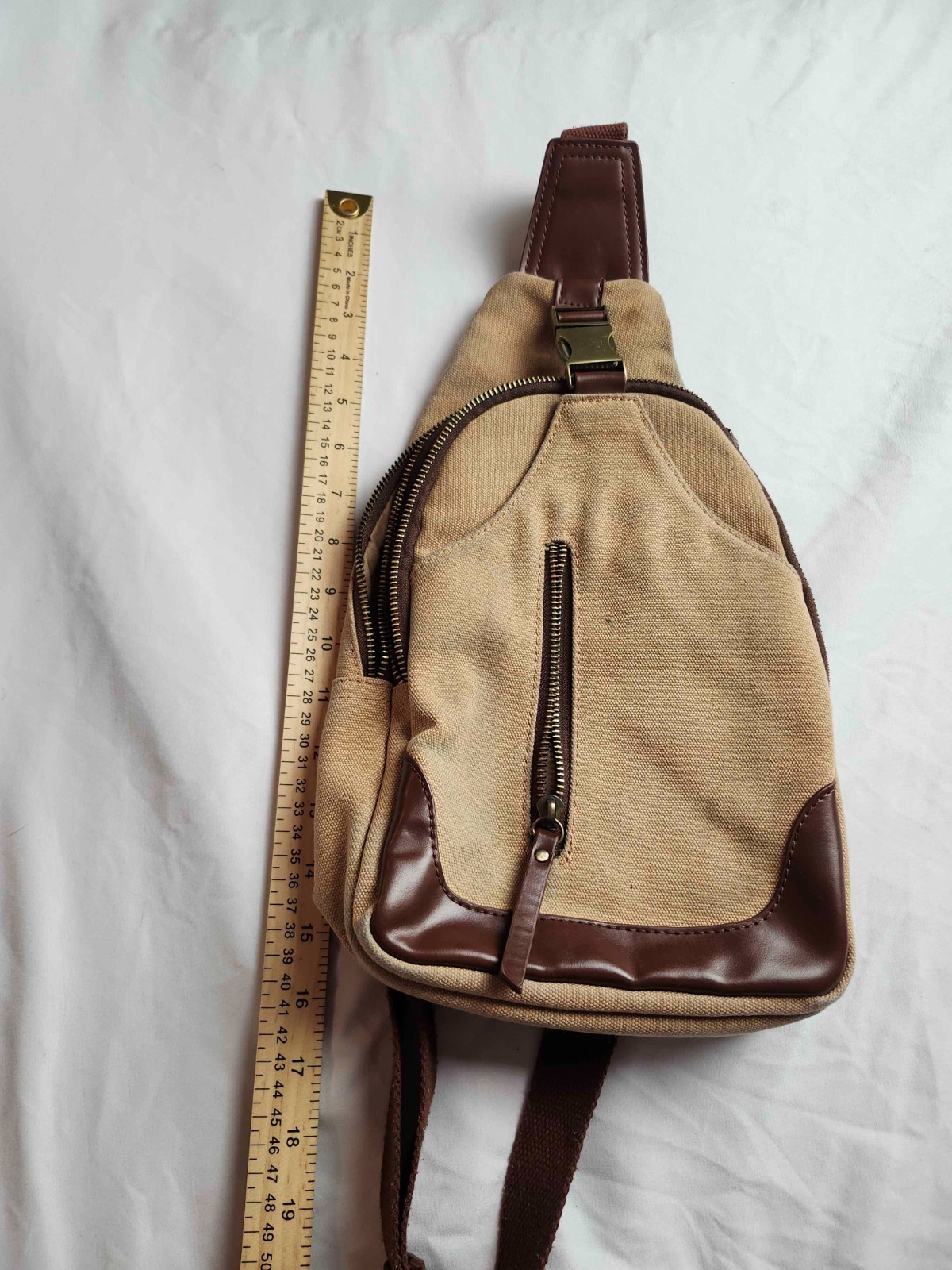 Unisex Khaki/Brown Canvas Sling Backpack Vegan Leather Trim Adjustable Strap