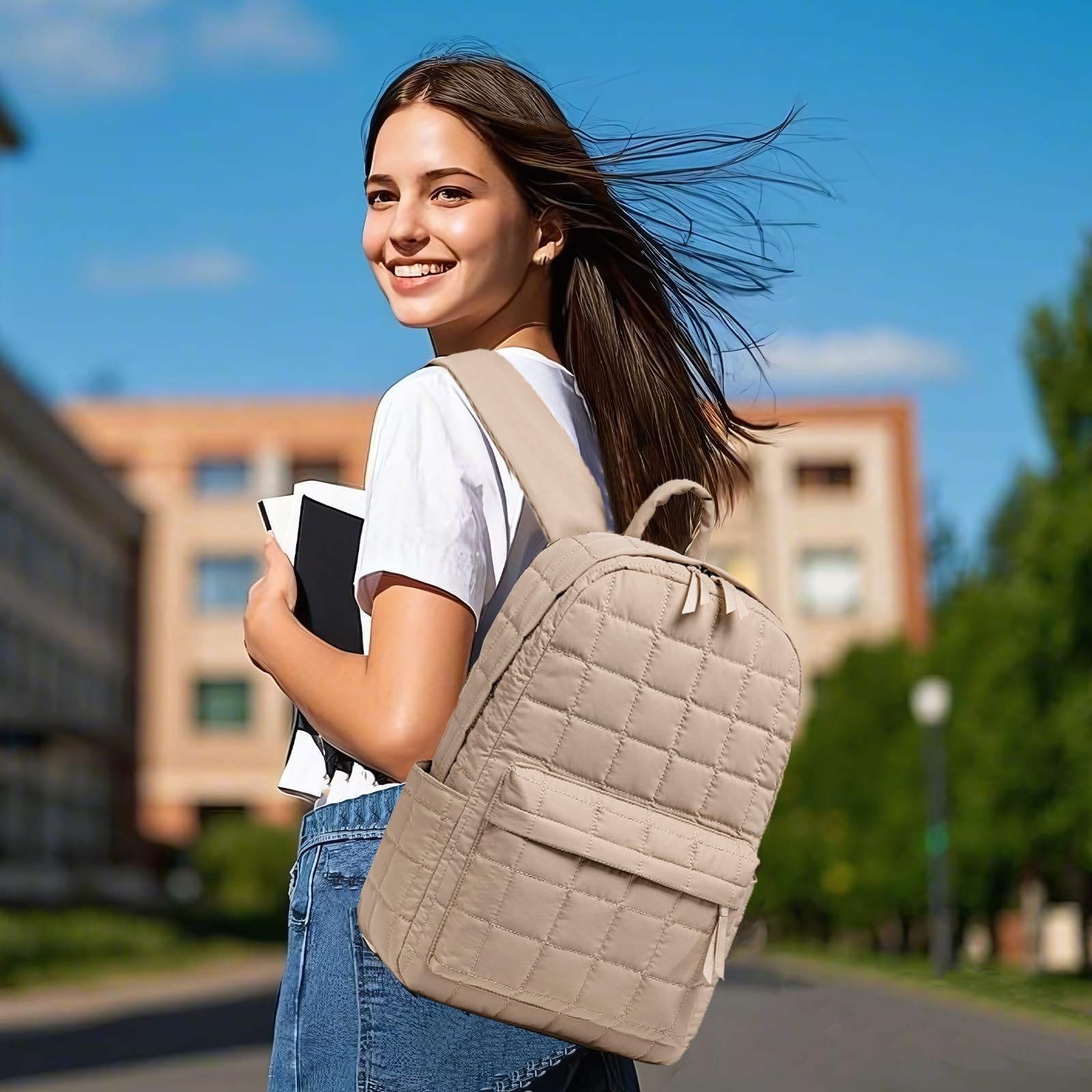 Travel Backpack Women Work Quilted College Bag Fits 15.6 Inch Laptop Khaki