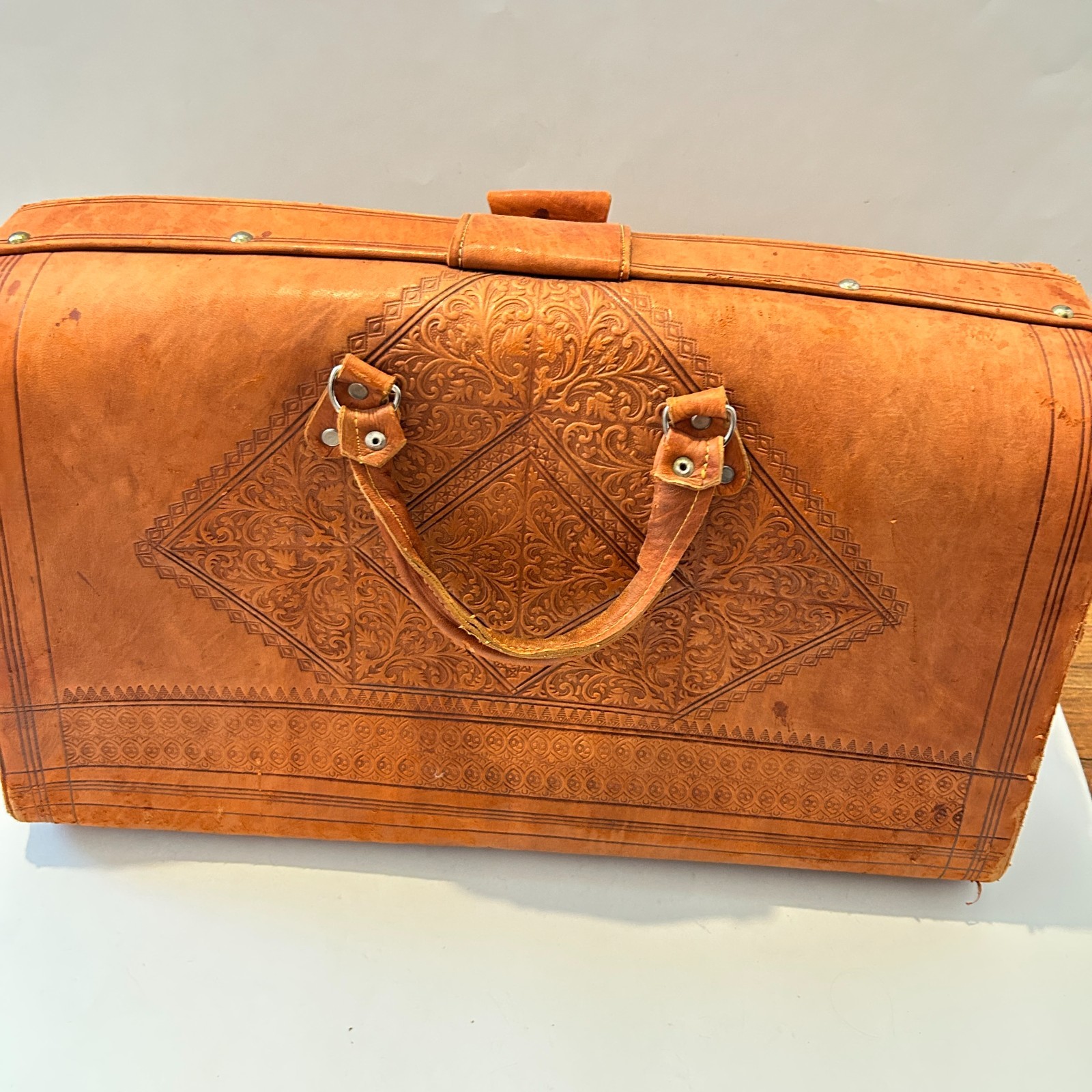 Vtg Egyptian Tooled Leather Suitcase Overnight Satchel Bag Handmade OOAK